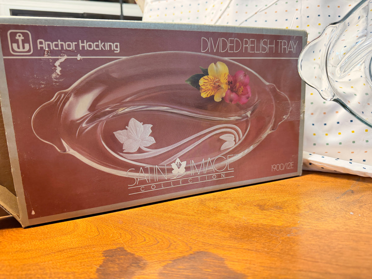 Vintage Anchor Hocking Satin Image Divided Relish Tray in Original Box | Frosted Floral Glass Serving Dish | Mid-Century Entertaining
