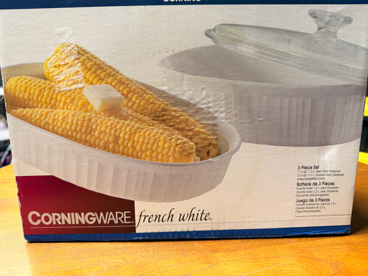 Vintage CorningWare French White 3-Piece Casserole Set | 1994 Made in USA | Oval Baking Dishes with Glass Lid | Original Box