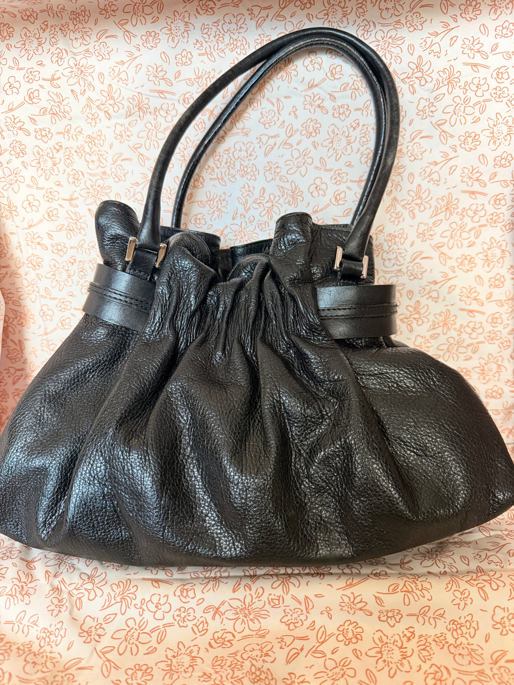 Black Pebbled Leather Drawstring Satchel