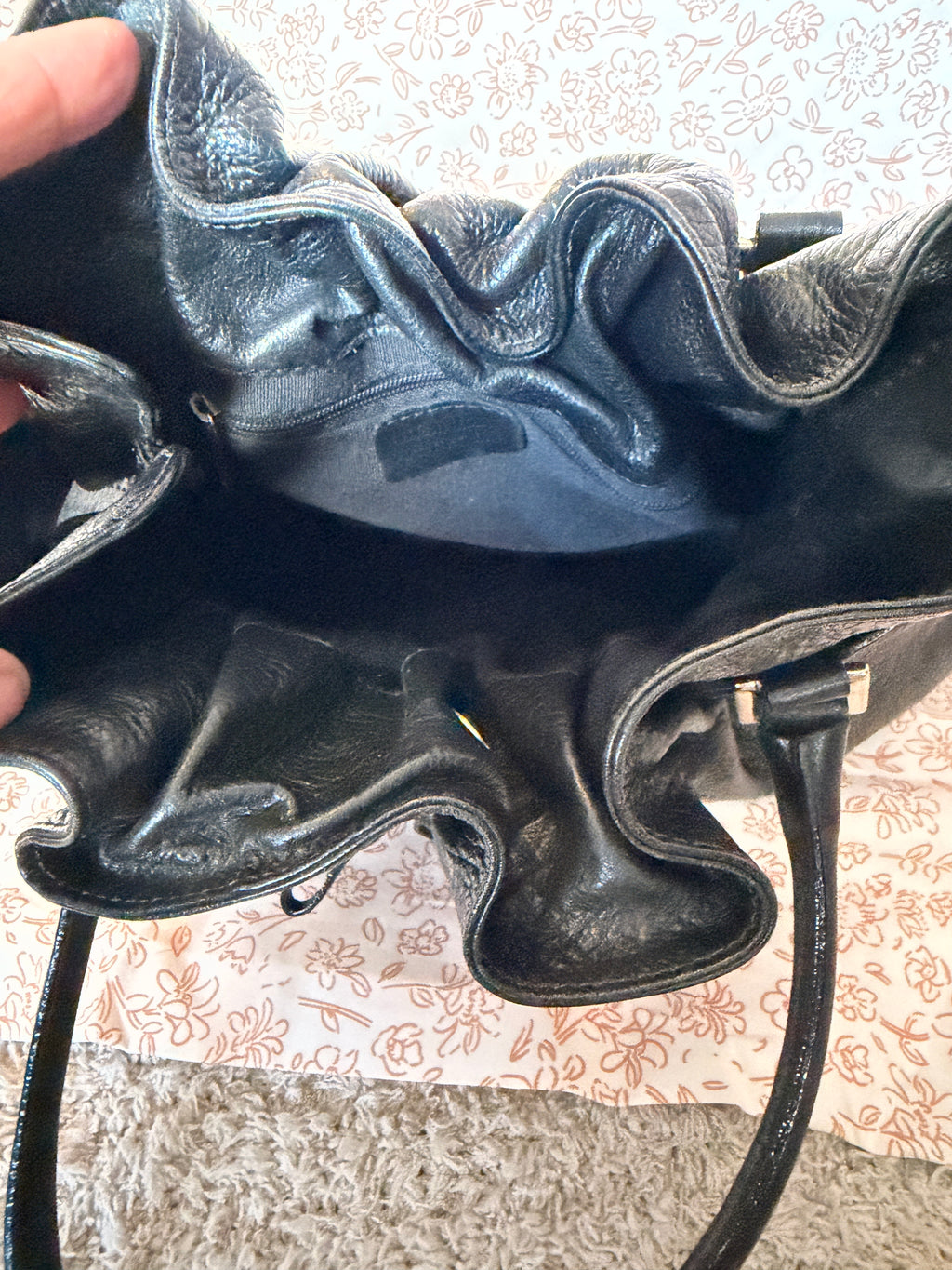 Black Pebbled Leather Drawstring Satchel