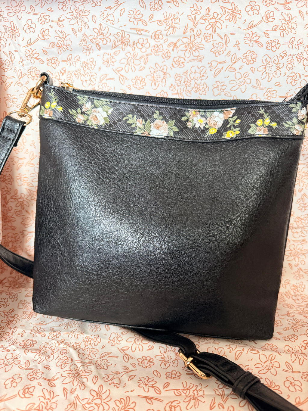 Black Floral Trim Crossbody Purse