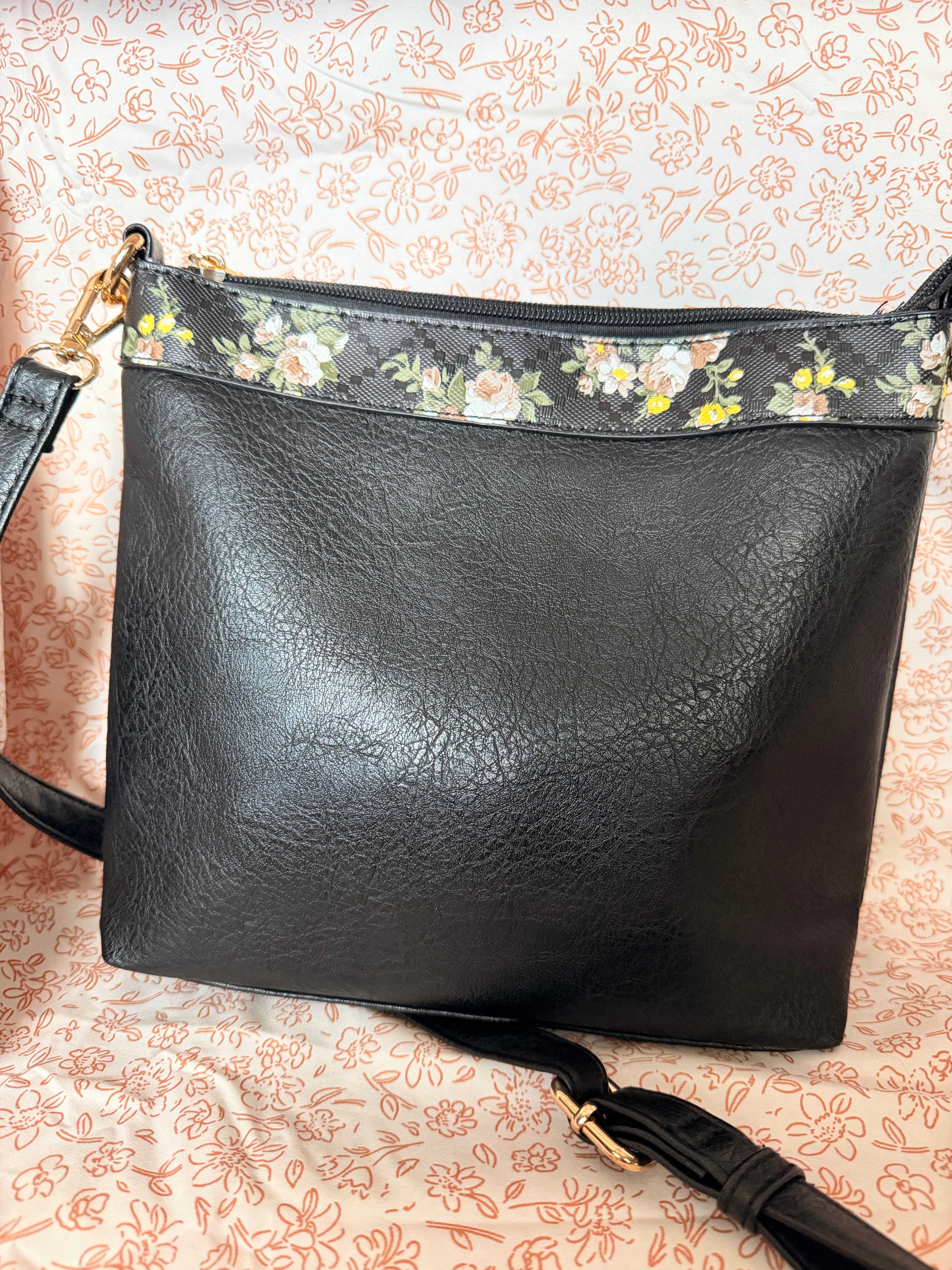 Black Floral Trim Crossbody Purse