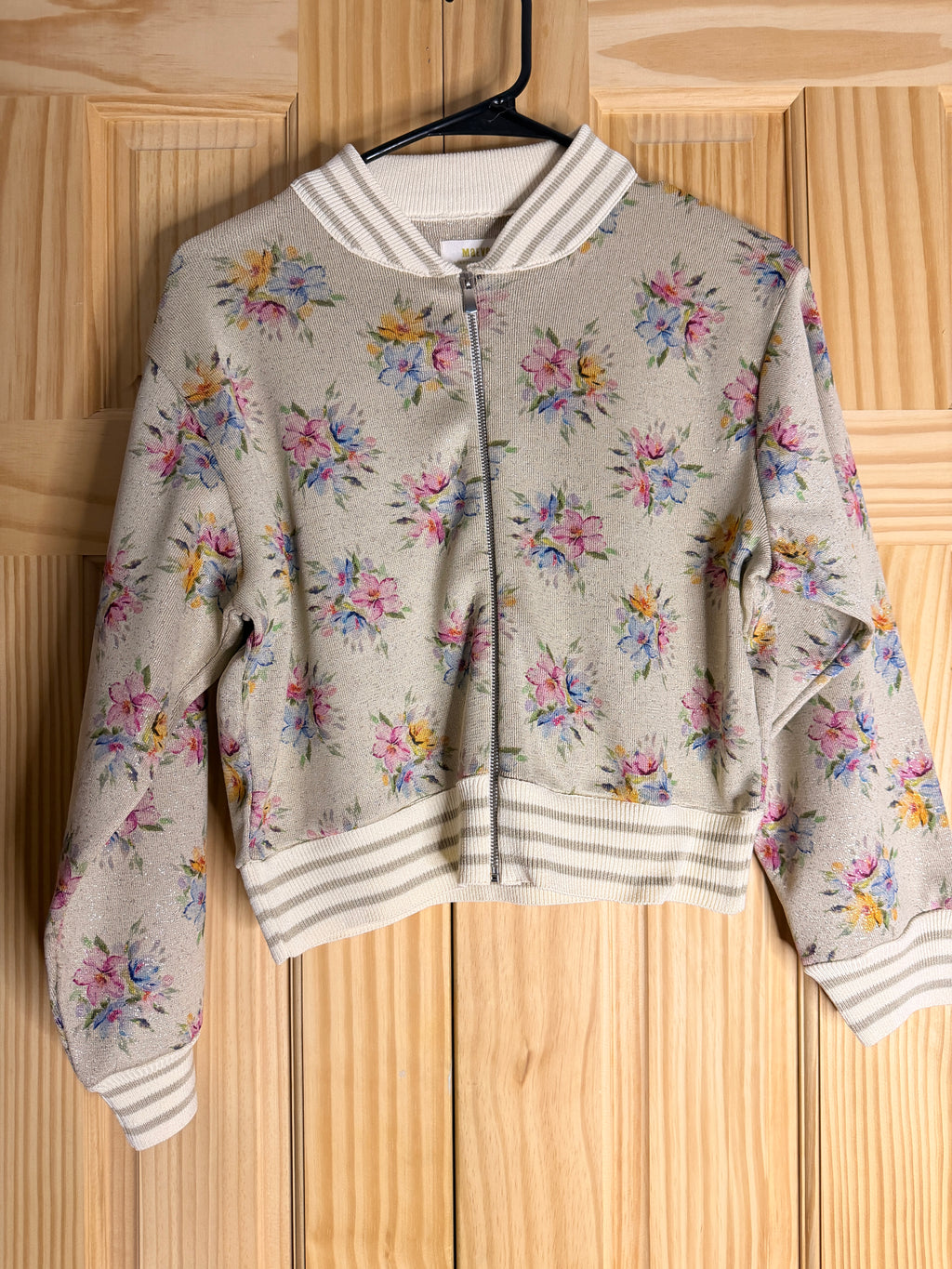 Maeve Anthropologie Floral Bomber Jacket Women's XS Metallic Knit Zip Jacket