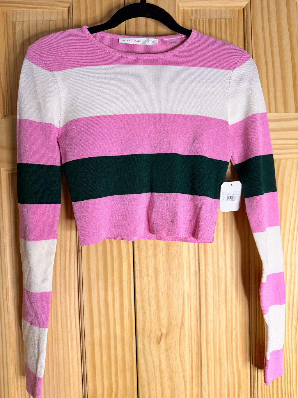 Altar'd State Pink White Green Striped Cropped Sweater Women's Medium NWT