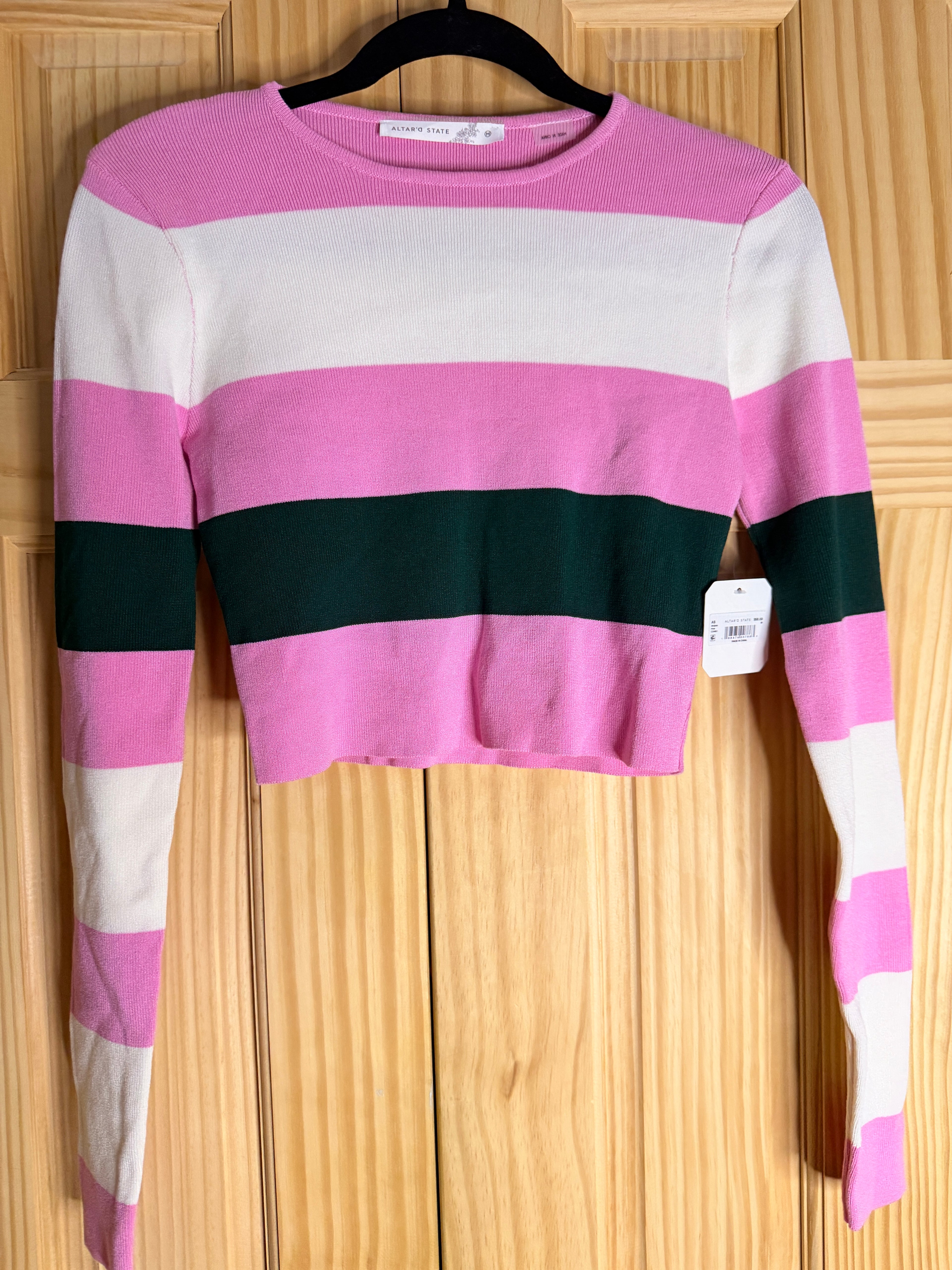 Altar'd State Pink White Green Striped Cropped Sweater Women's Medium NWT