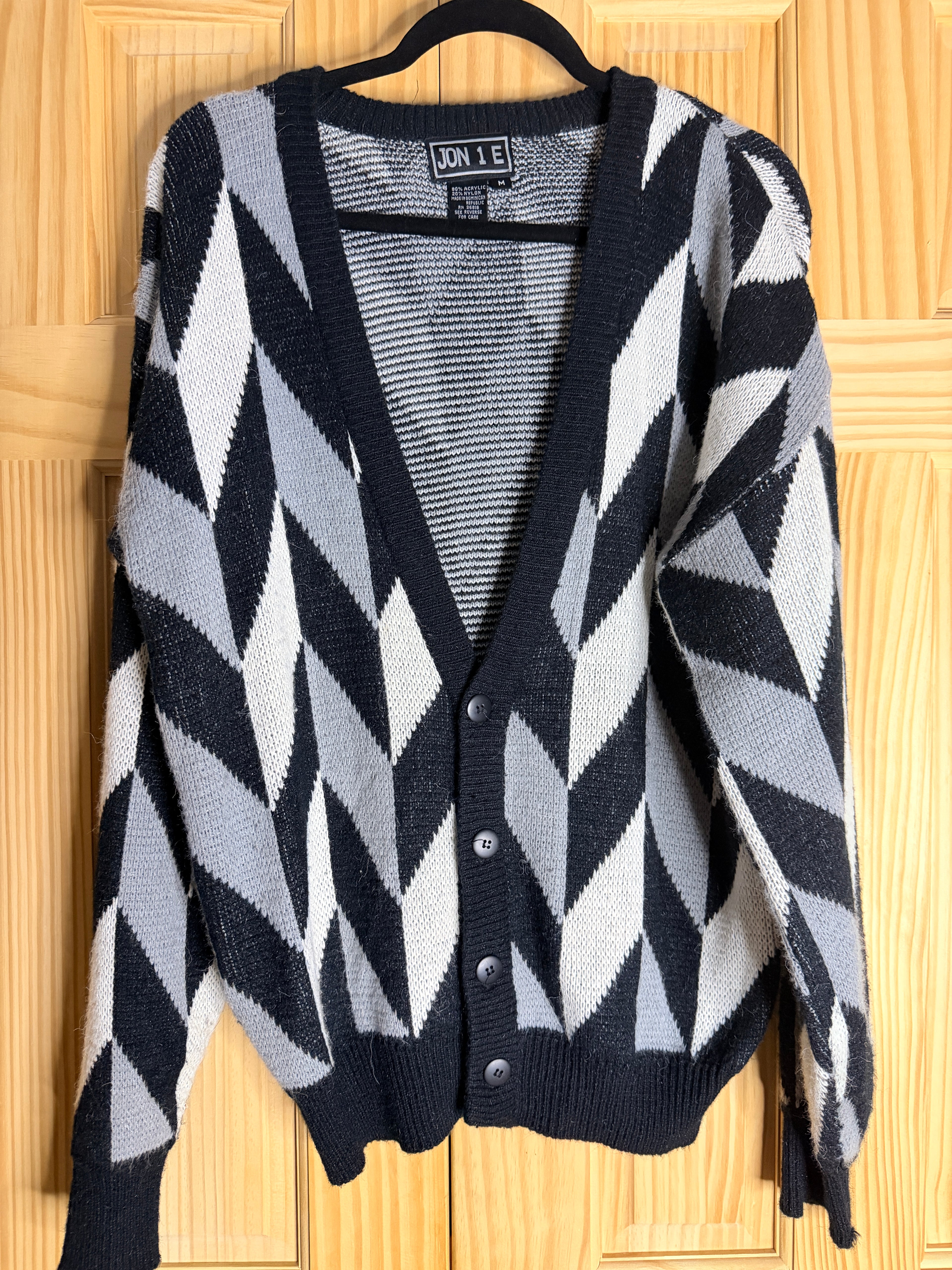 Jon 1E Black Gray Harlequin Diamond Knit Cardigan Sweater Women's Medium