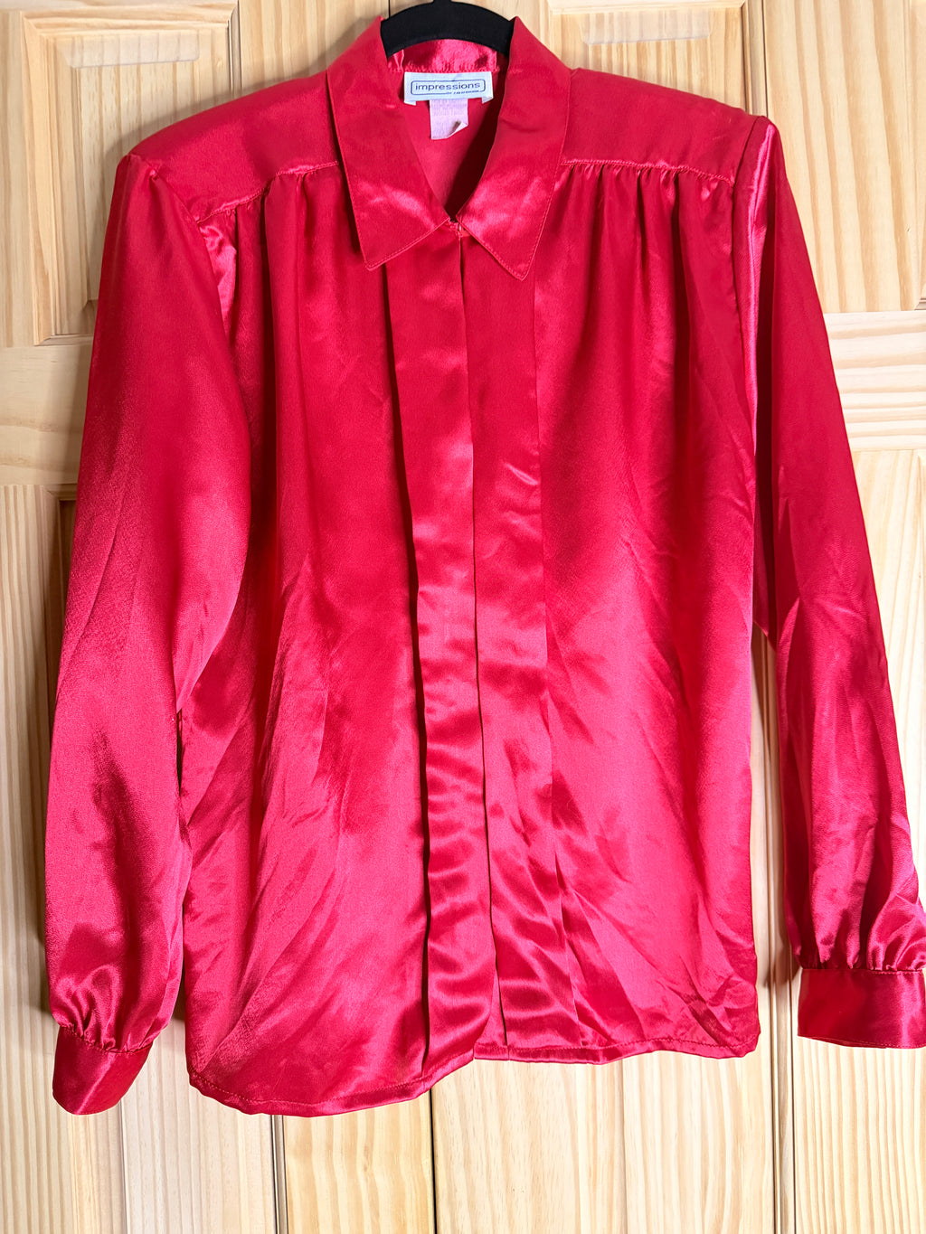 Vintage Impressions of California Red Satin Hidden Button Blouse