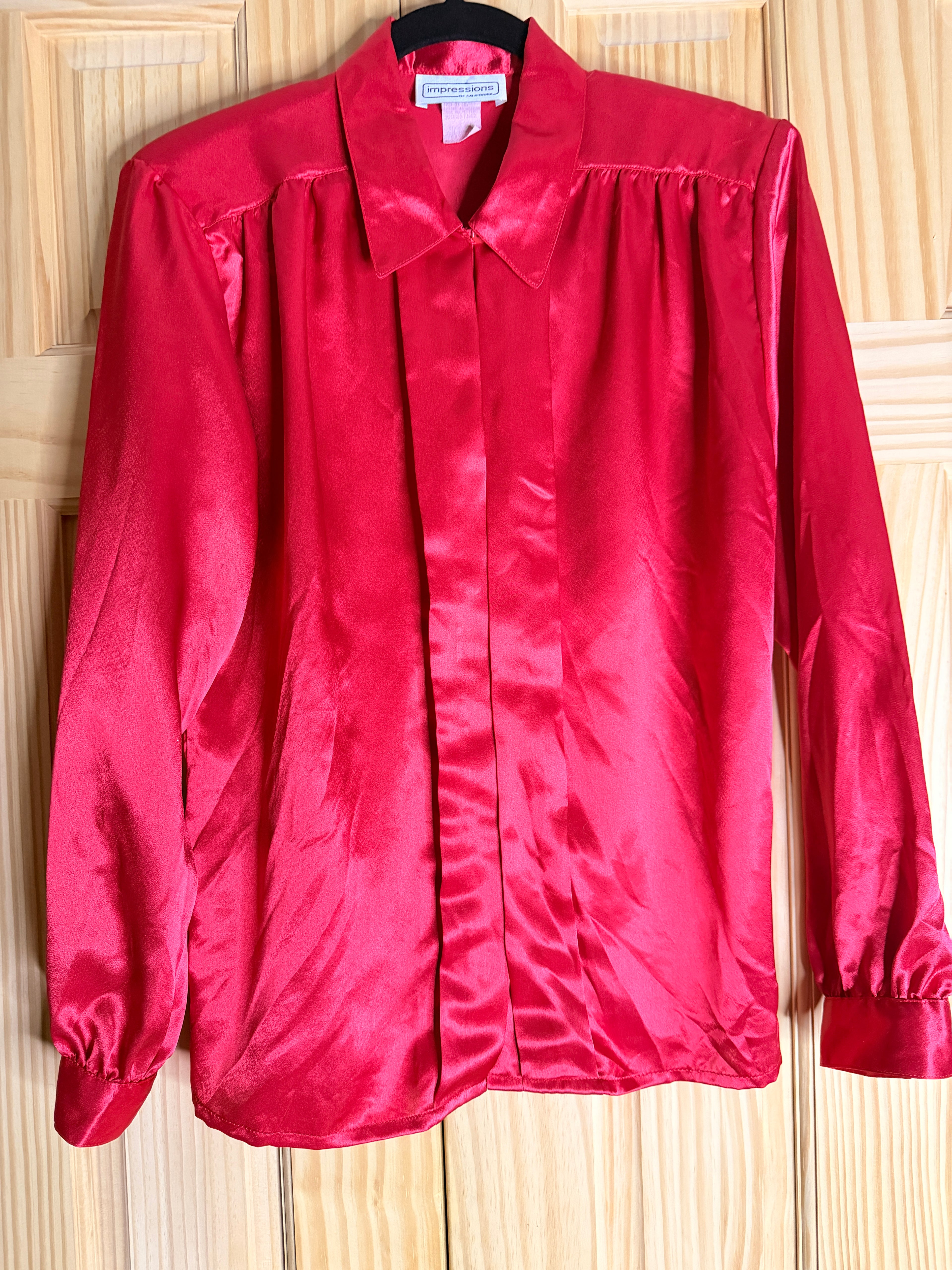 Vintage Impressions of California Red Satin Hidden Button Blouse