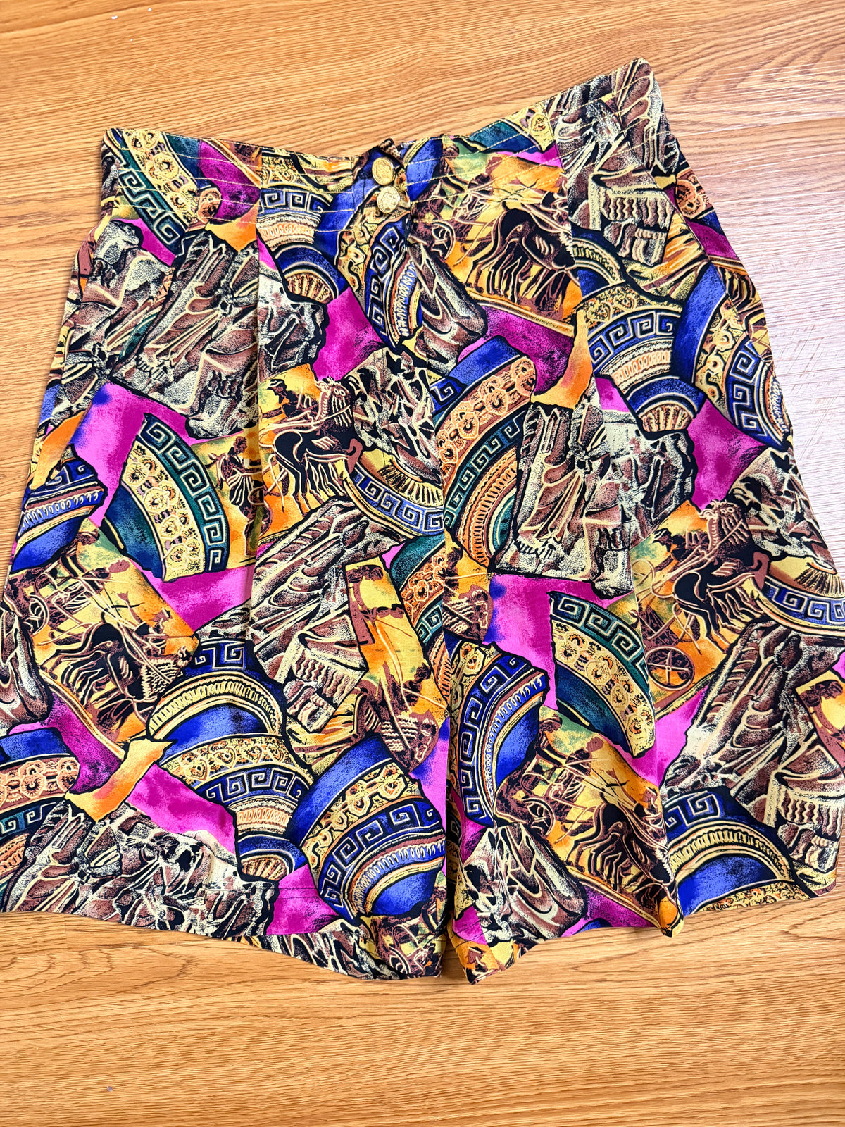 Vintage Y.L.L.V. 100% Silk Greek Mythology Print High Waist Shorts Size 4