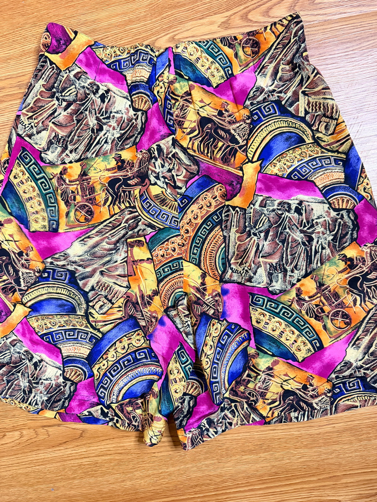 Vintage Y.L.L.V. 100% Silk Greek Mythology Print High Waist Shorts Size 4