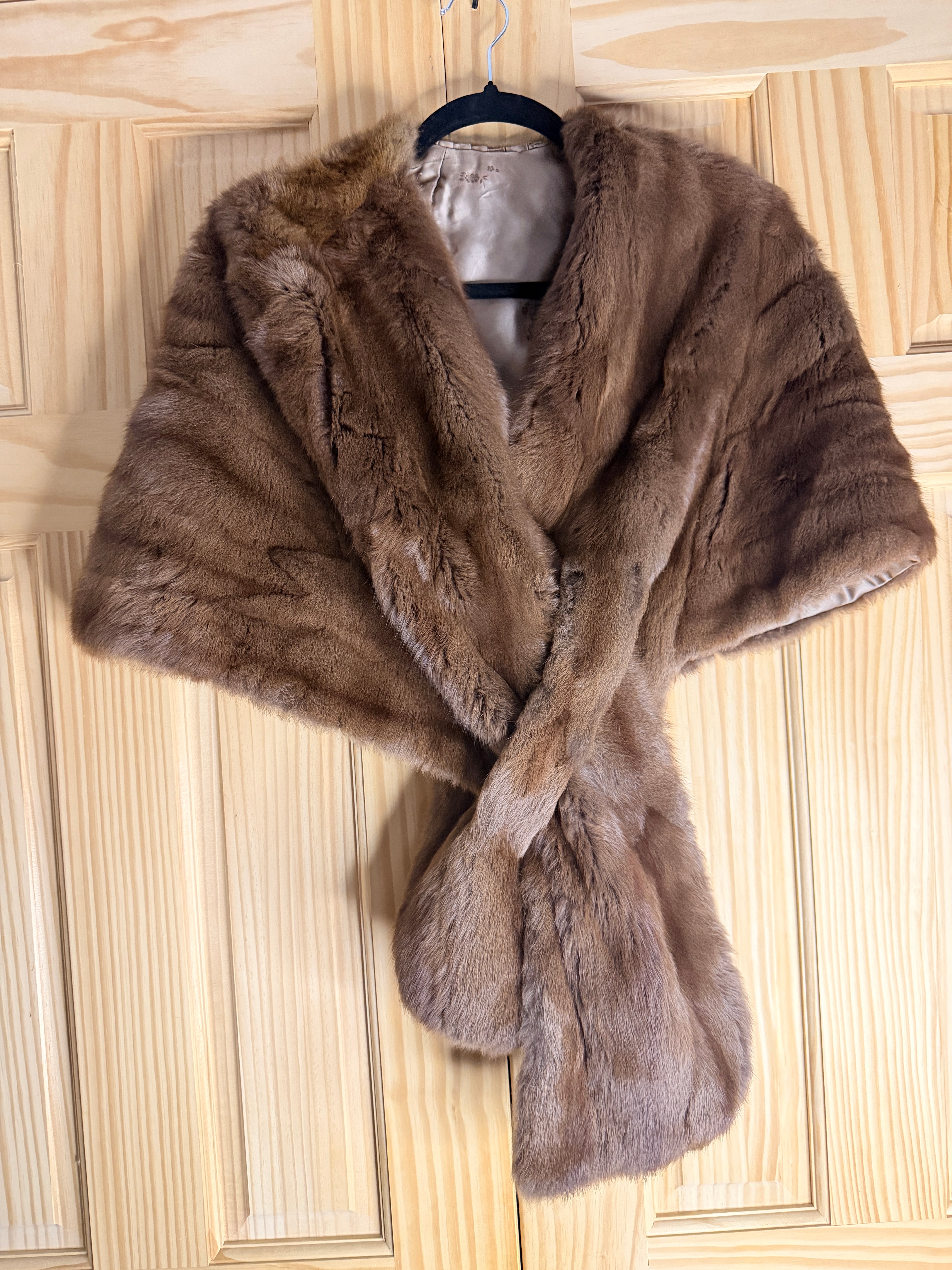 Vintage Brown Mink Fur Stole Wrap with Satin Lining & Monogram