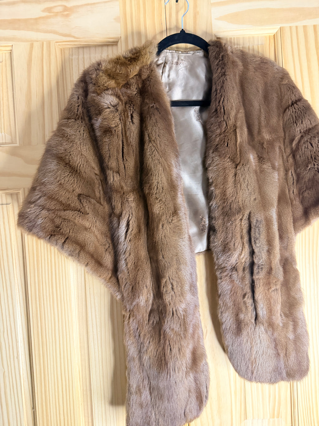 Vintage Brown Mink Fur Stole Wrap with Satin Lining & Monogram