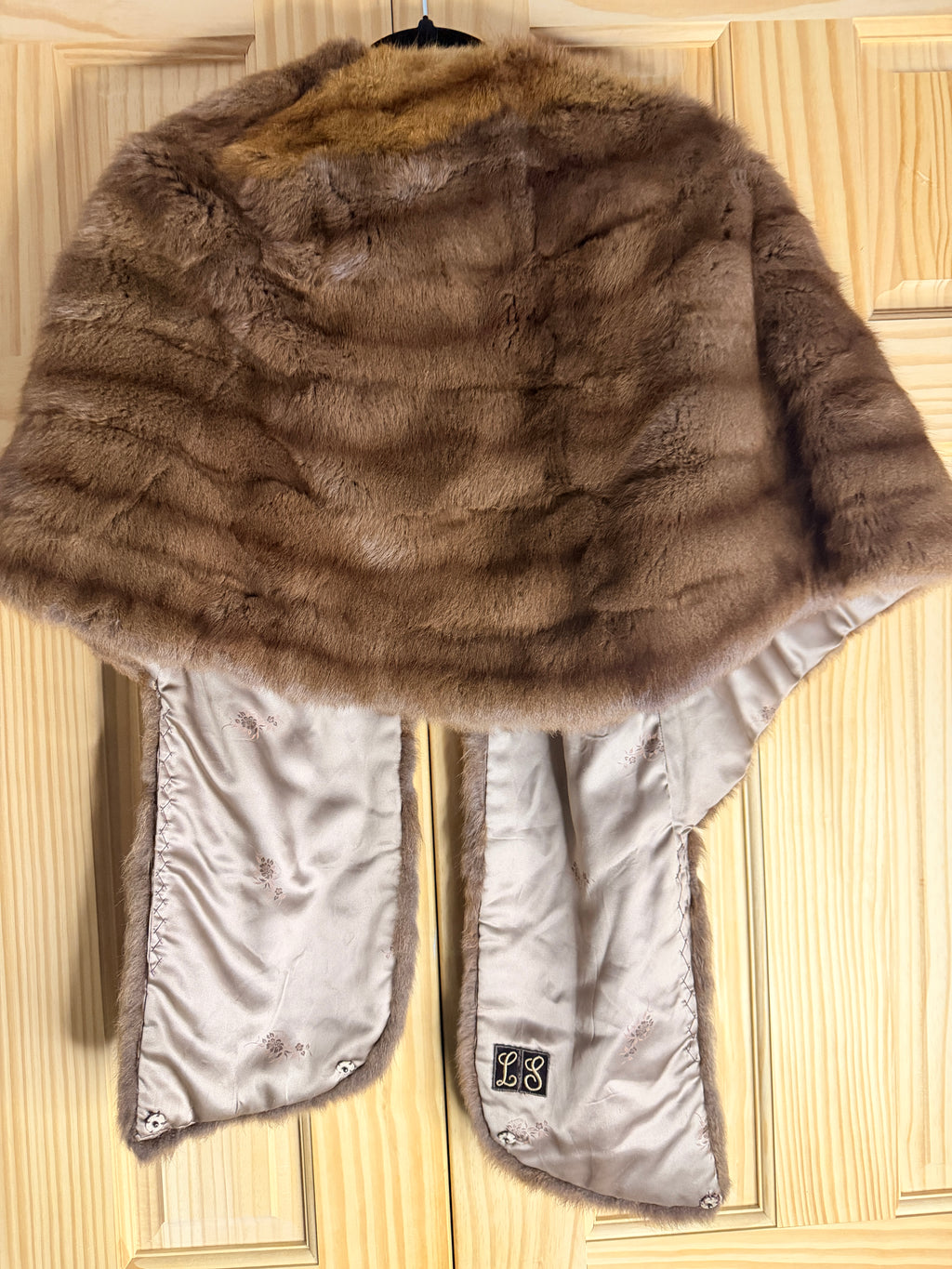 Vintage Brown Mink Fur Stole Wrap with Satin Lining & Monogram