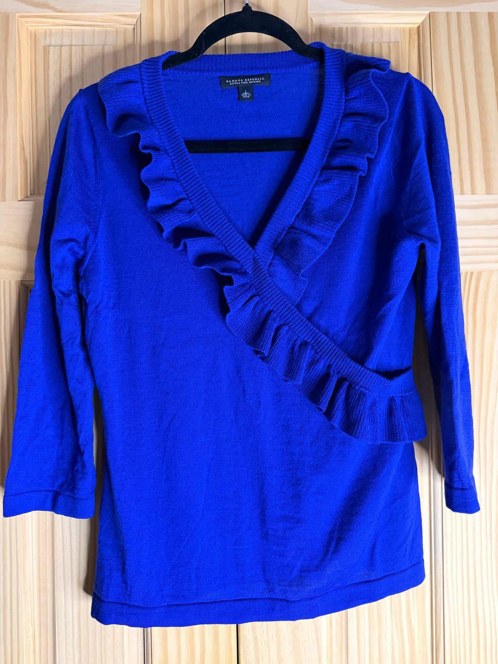 Banana Republic Extra Fine Merino Wool Blue Ruffle Wrap Sweater Women's Large