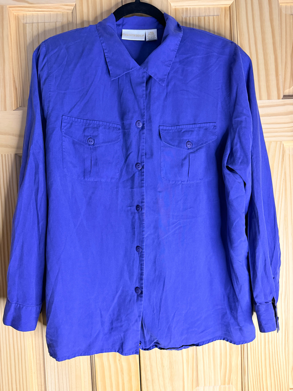 Christie & Jill 100% Silk Cobalt Blue Button Front Blouse Large