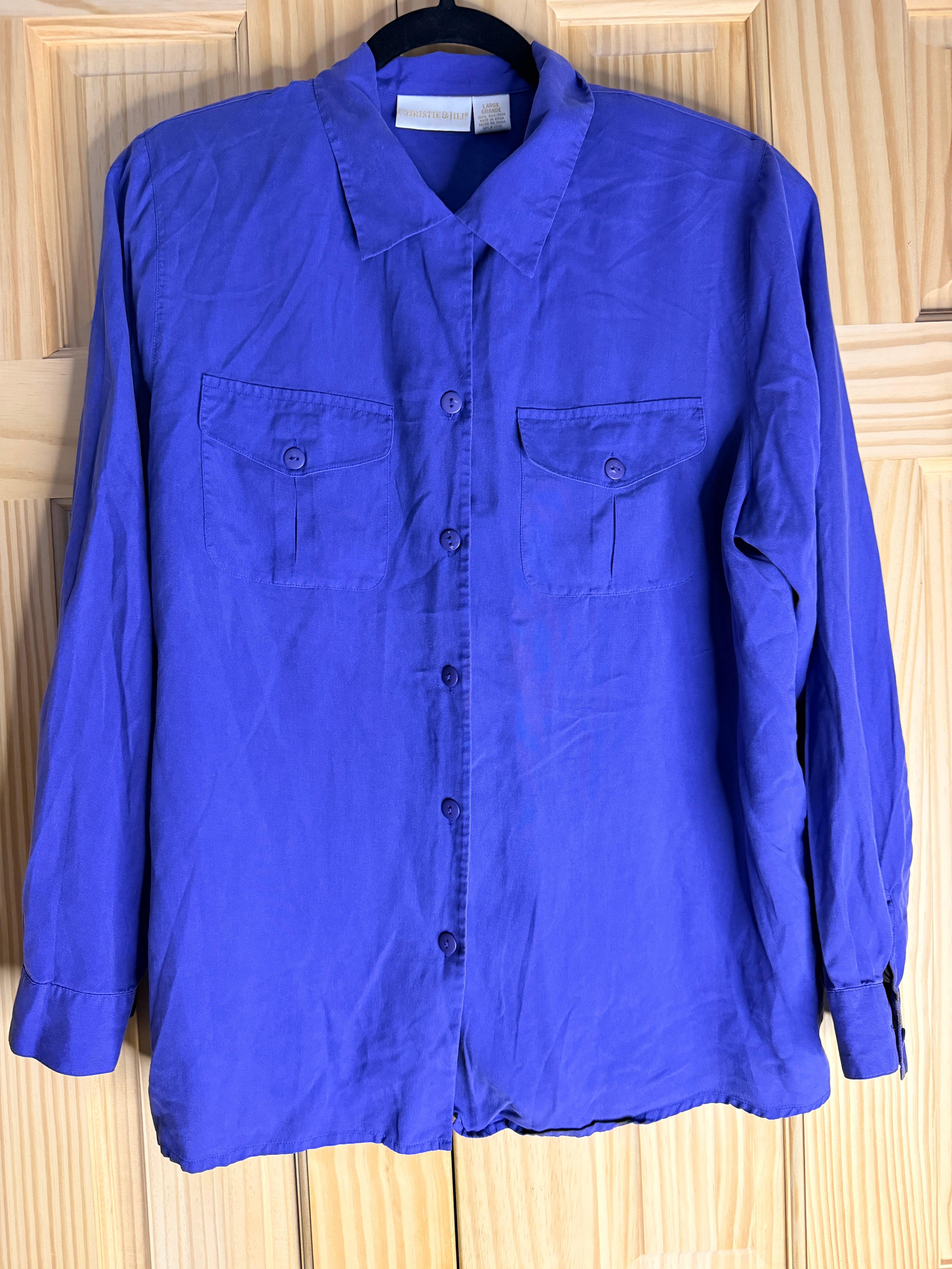 Christie & Jill 100% Silk Cobalt Blue Button Front Blouse Large