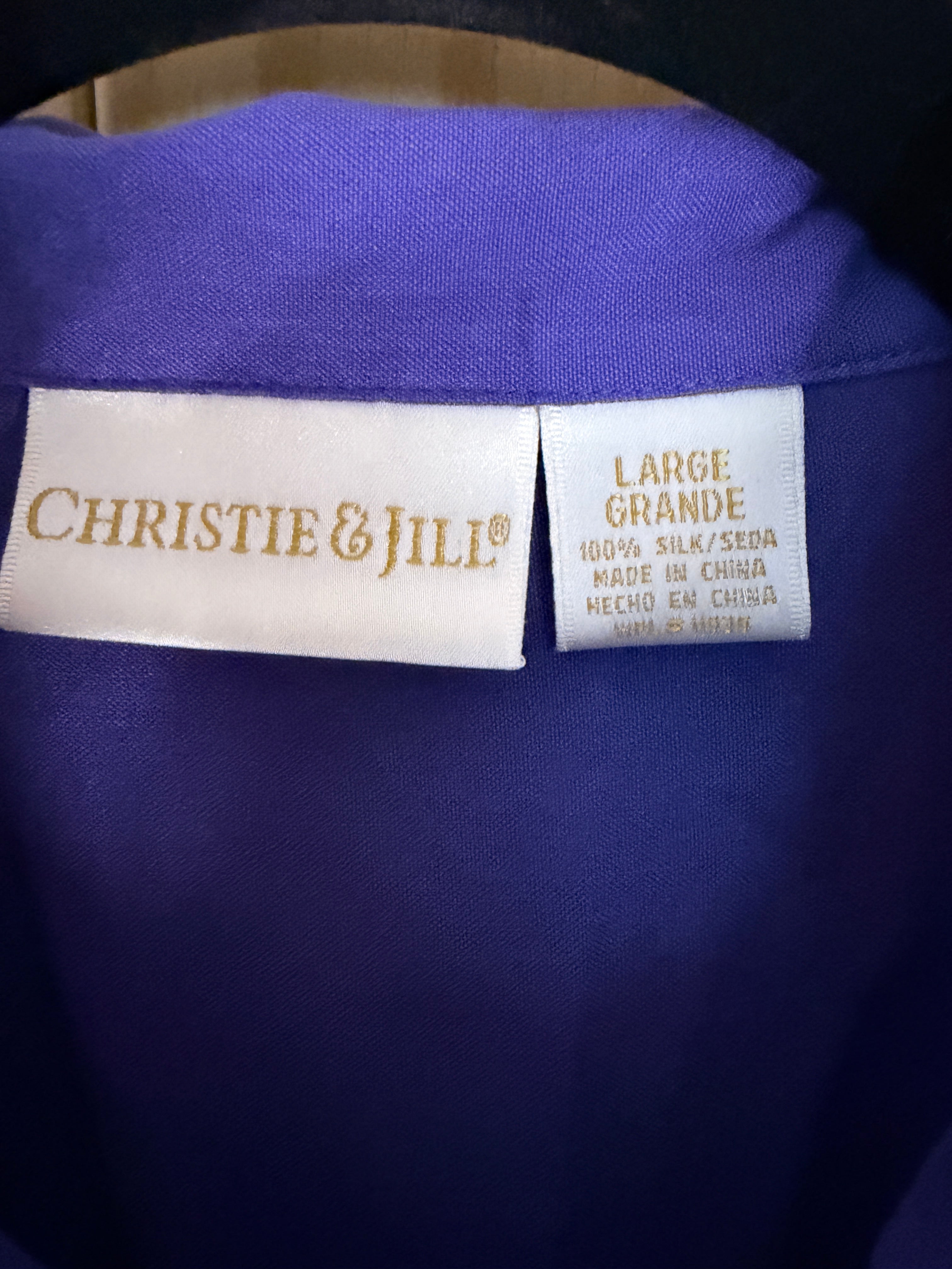 Christie & Jill 100% Silk Cobalt Blue Button Front Blouse Large
