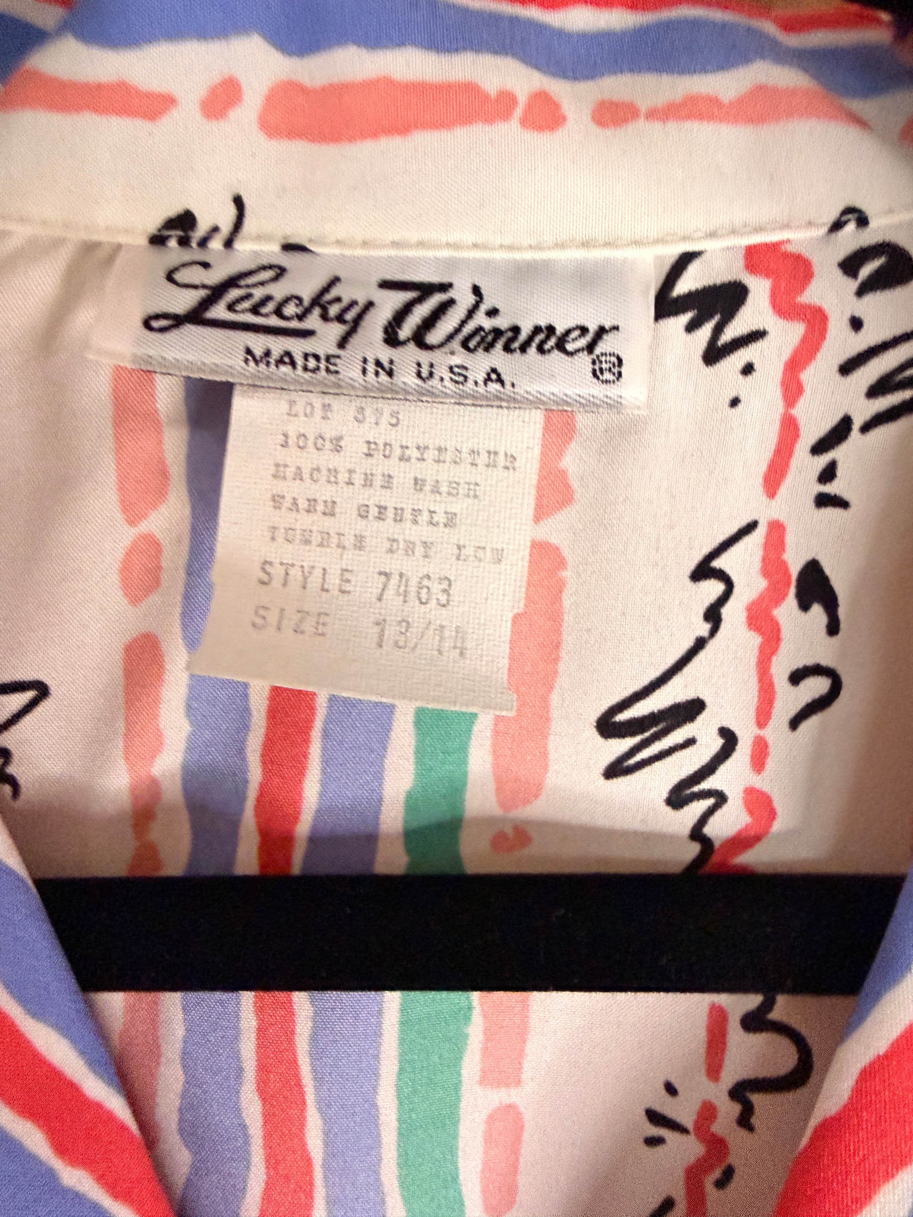 Lucky Winner USA Abstract Stripe Polyester Camp Shirt Size 13/14