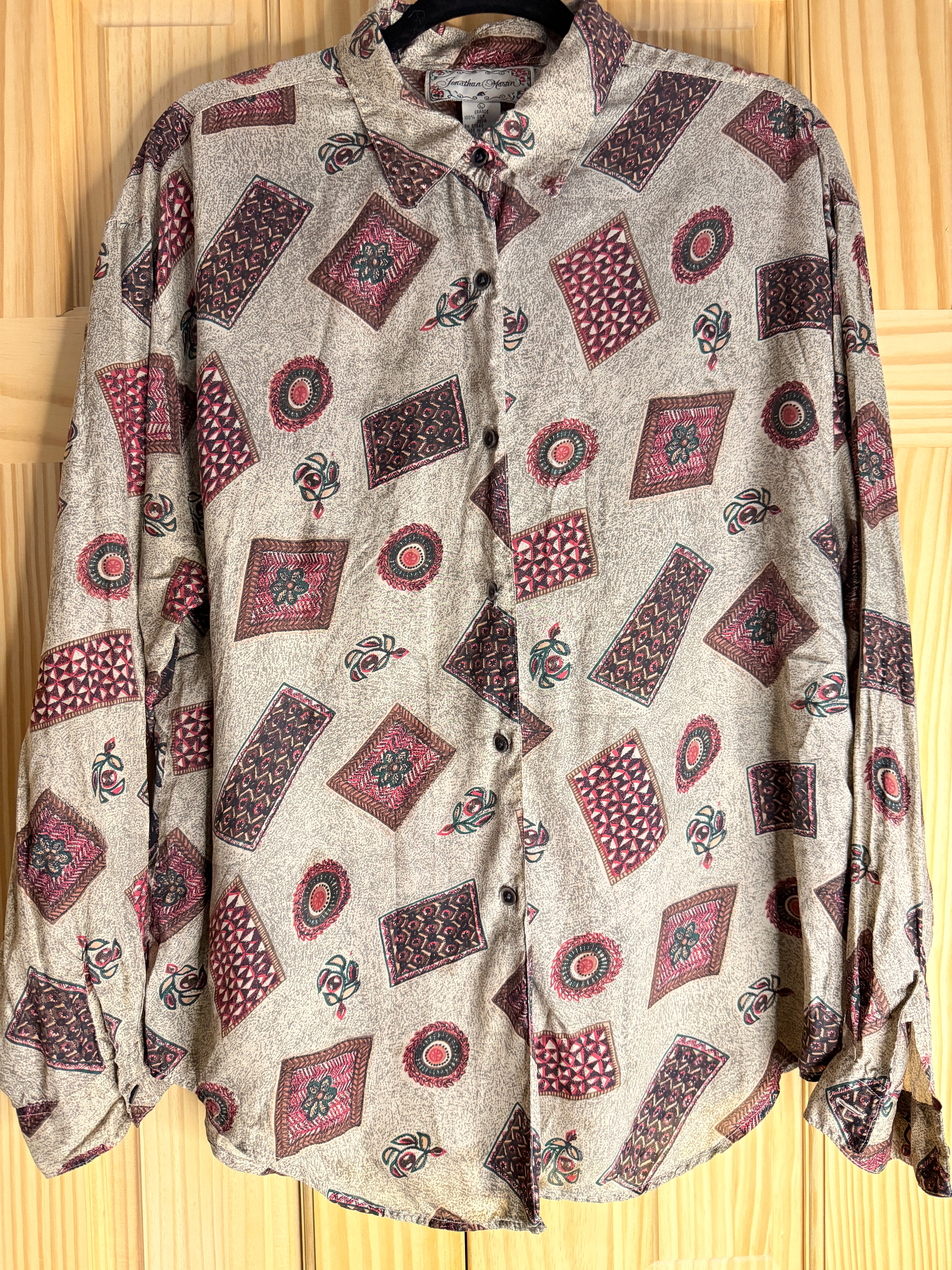 Jonathan Martin 100% Silk Patchwork Print Blouse Large