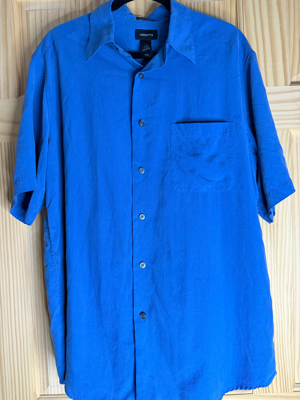 Claiborne 100% Silk Royal Blue Short Sleeve Button Front Shirt Large