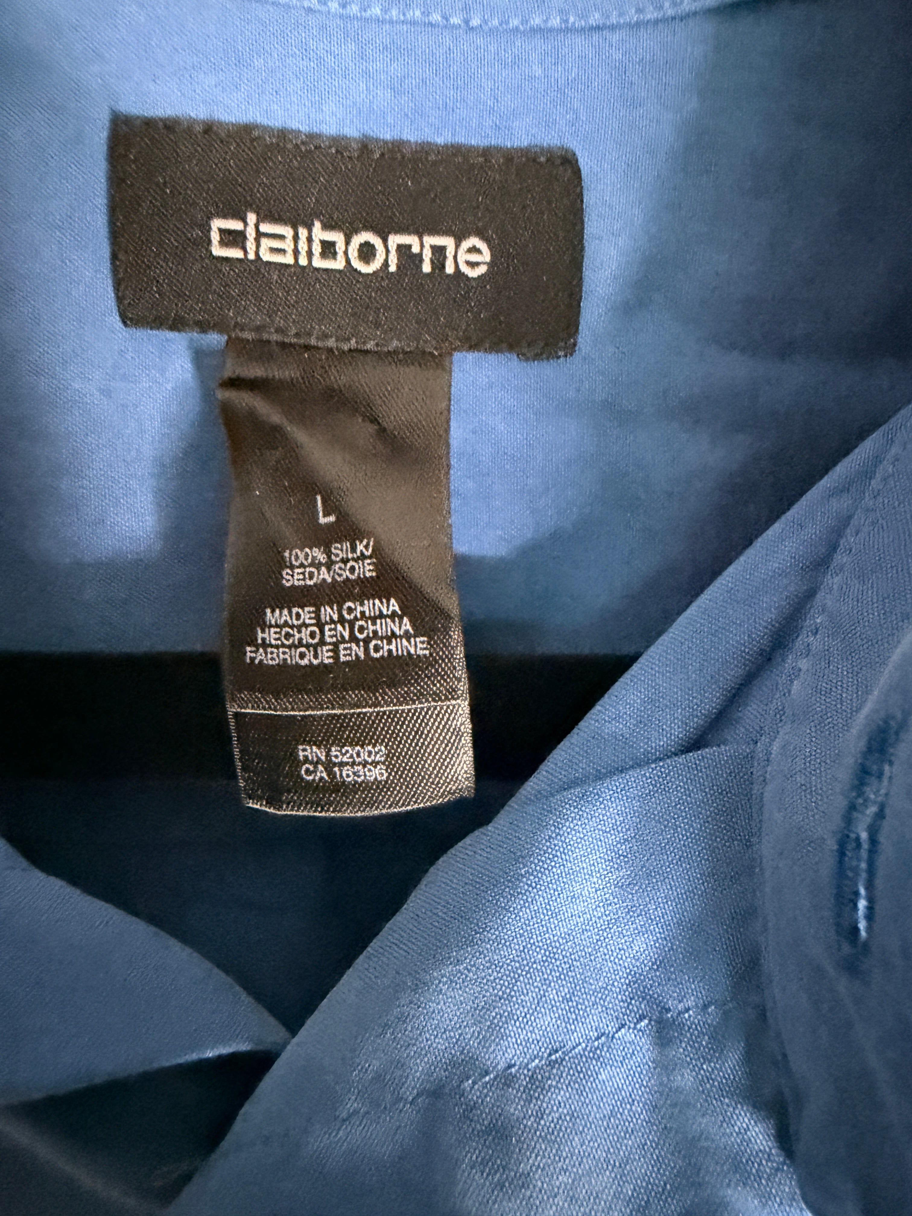 Claiborne 100% Silk Royal Blue Short Sleeve Button Front Shirt Large