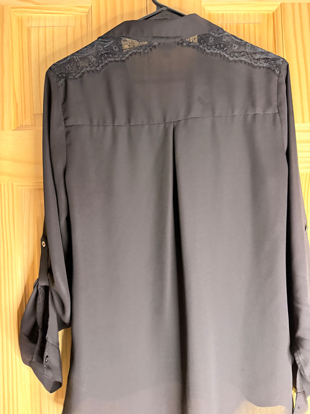 Candie's Black Sheer Button Front Blouse with Lace Detail | Women's Medium