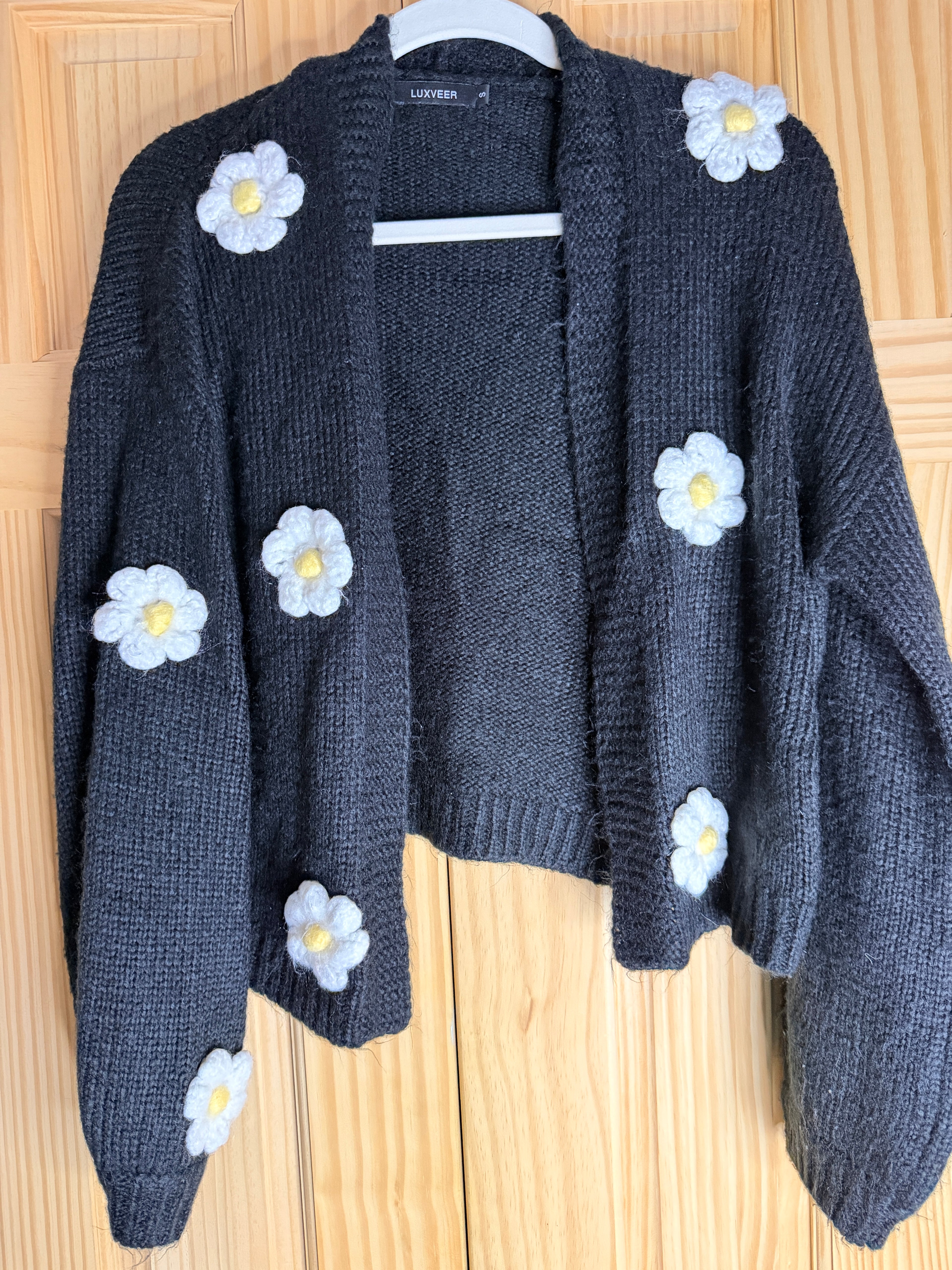 Black Knit Daisy Cardigan | Crochet Flower Open Front Sweater