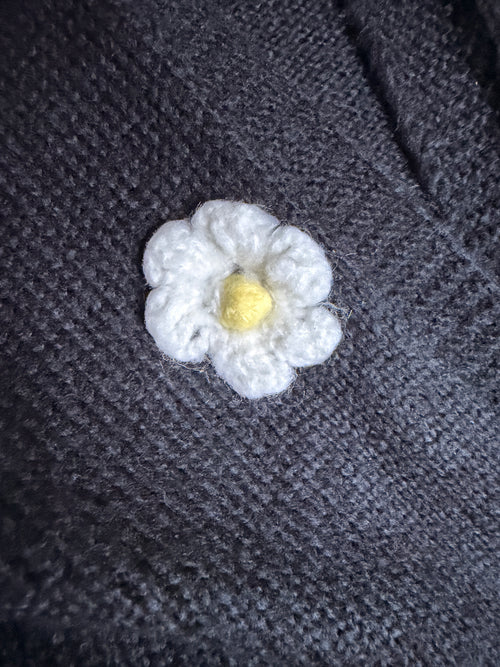 Black Knit Daisy Cardigan | Crochet Flower Open Front Sweater