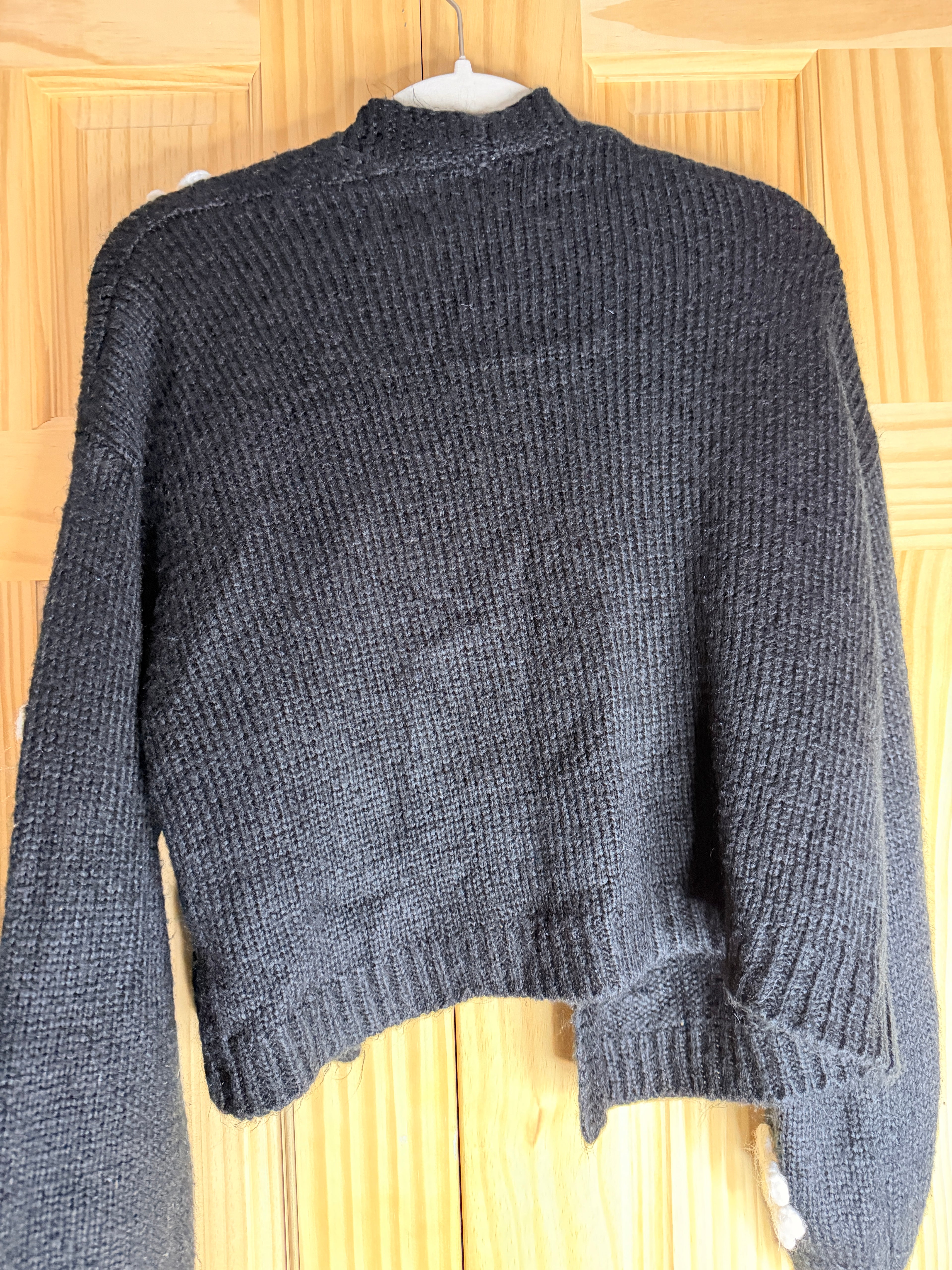 Black Knit Daisy Cardigan | Crochet Flower Open Front Sweater