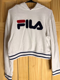 FILA White Cropped Hoodie | Chenille Logo Sweatshirt | Women's Large