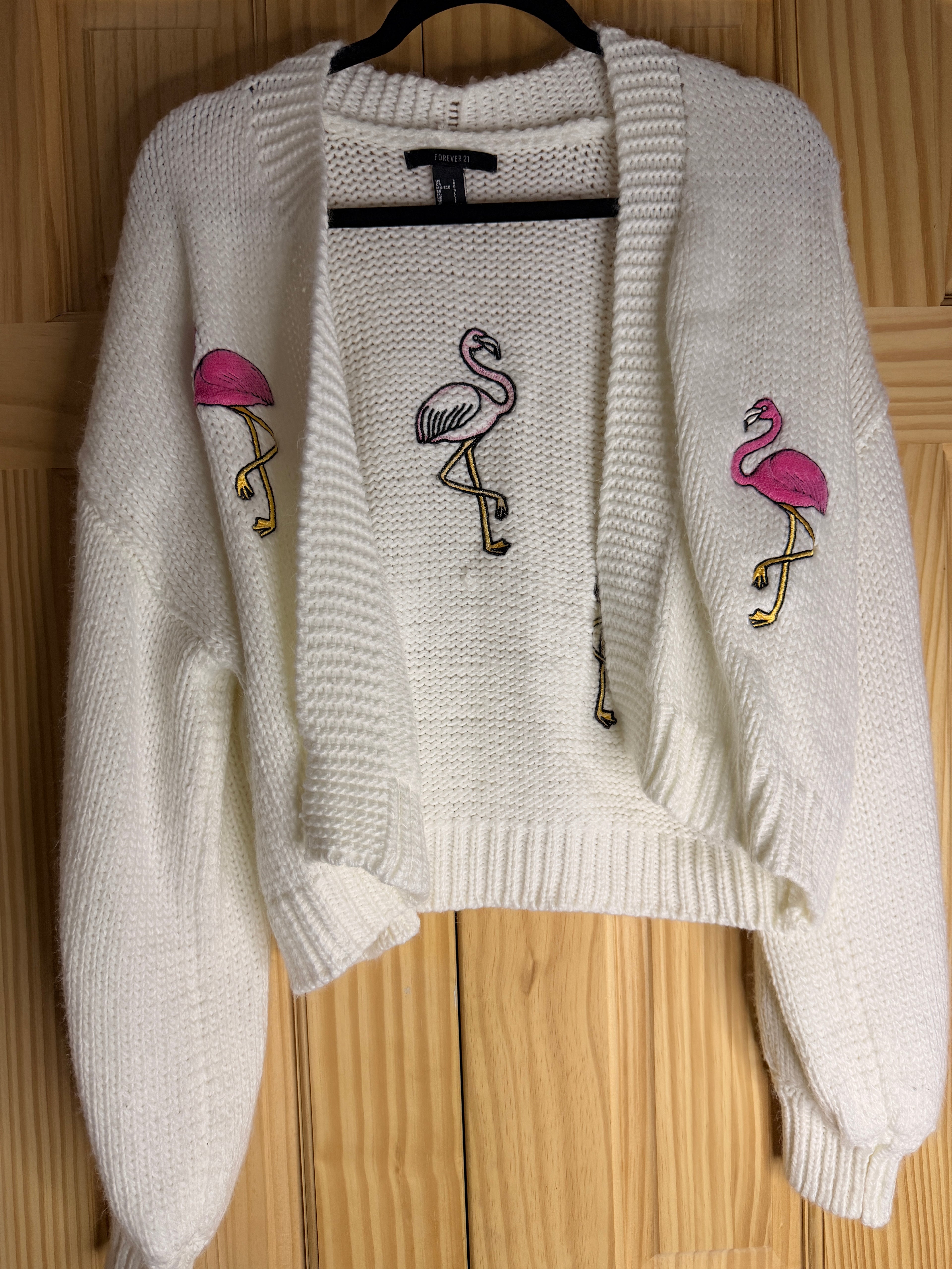 Forever 21 Flamingo Embroidered Chunky Knit Open Cardigan | White | Size Large