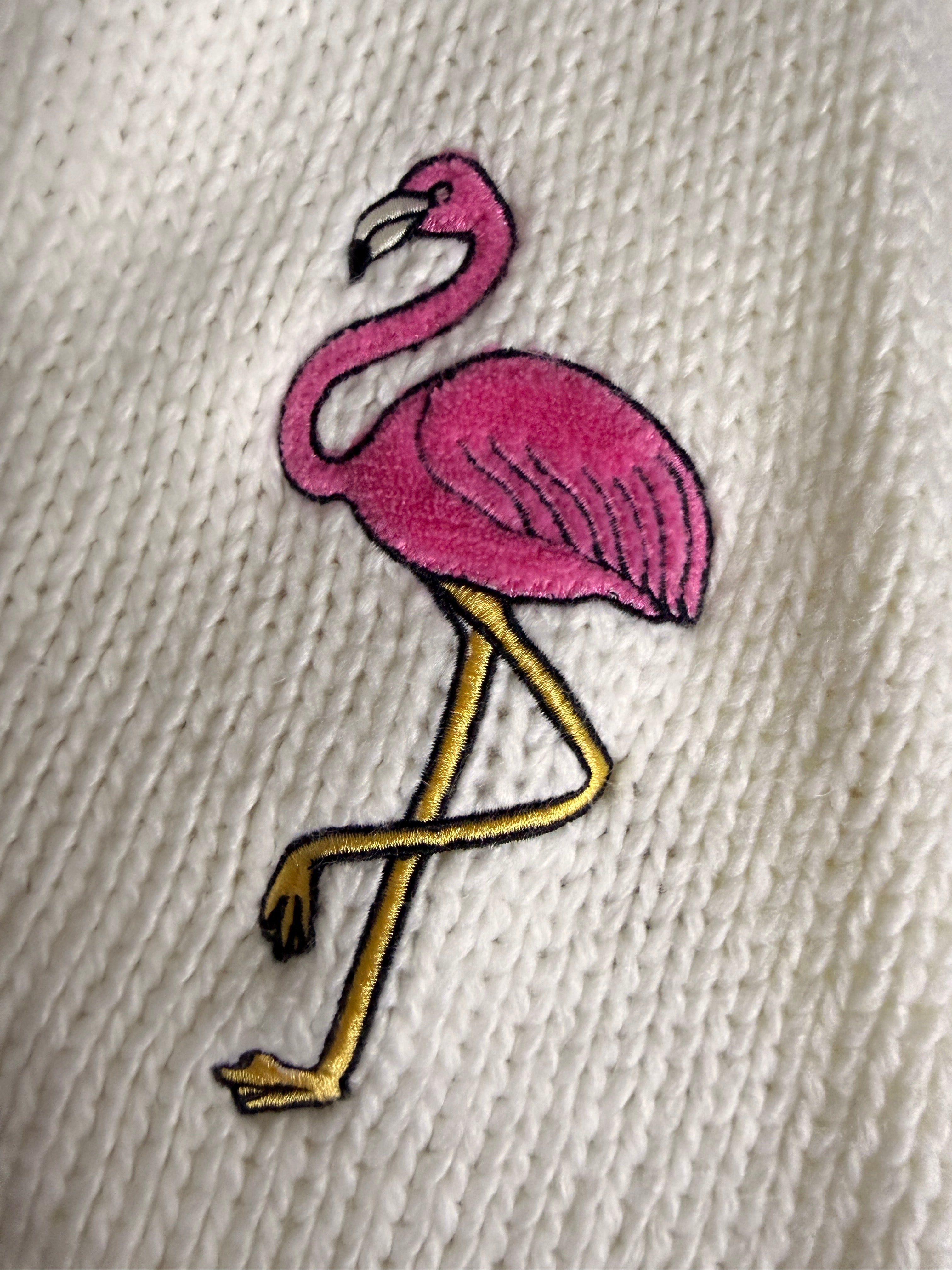 Forever 21 Flamingo Embroidered Chunky Knit Open Cardigan | White | Size Large
