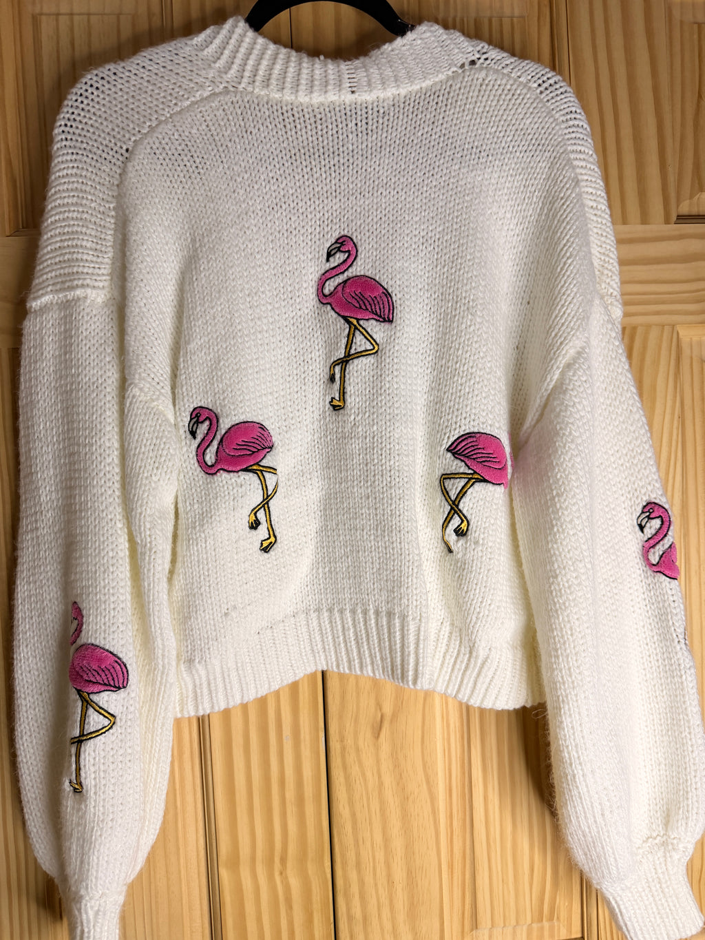 Forever 21 Flamingo Embroidered Chunky Knit Open Cardigan | White | Size Large