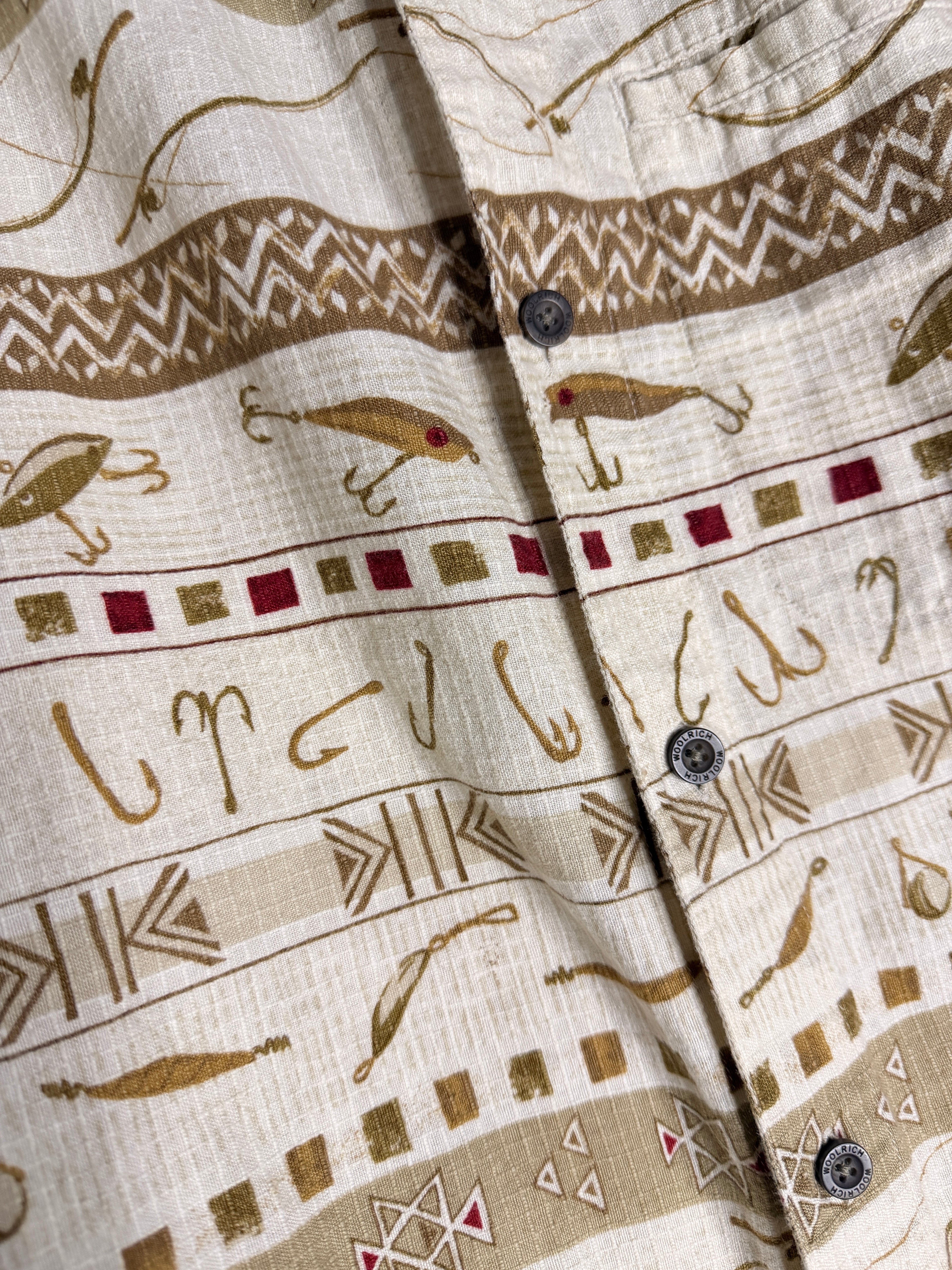 Woolrich Fishing Lure Print Short Sleeve Button Shirt | Men's Large