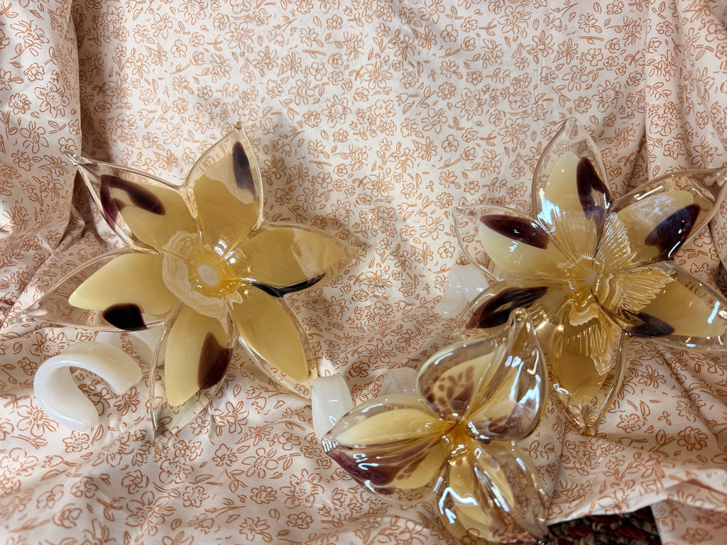 Vintage Hand Blown Art Glass Flower Sculptures Set of 3 White Ribbon Stem Amber & Cranberry Floral Art