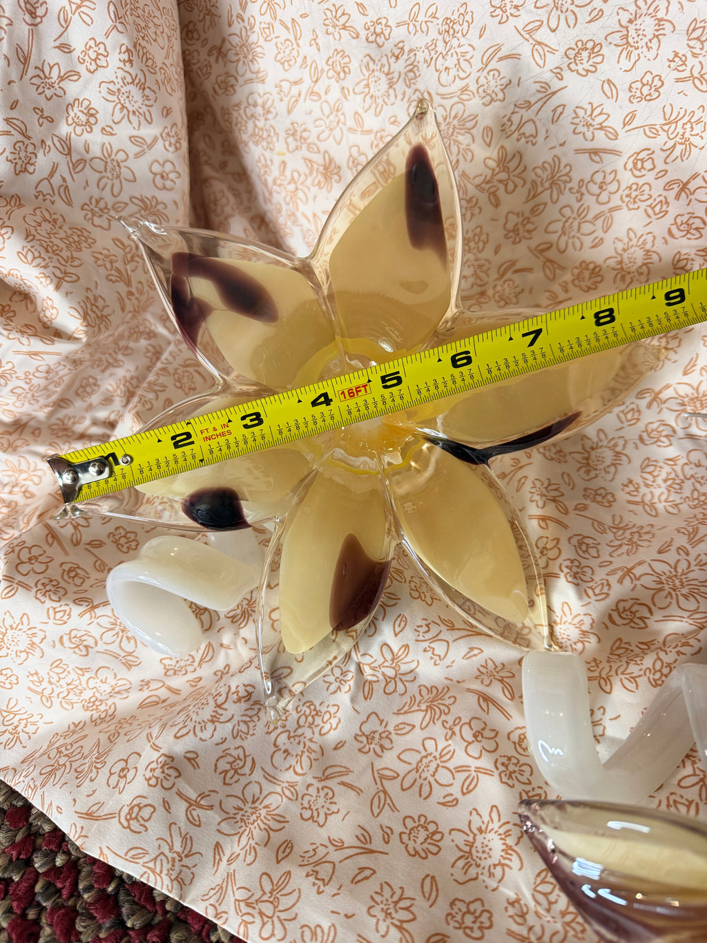 Vintage Hand Blown Art Glass Flower Sculptures Set of 3 White Ribbon Stem Amber & Cranberry Floral Art