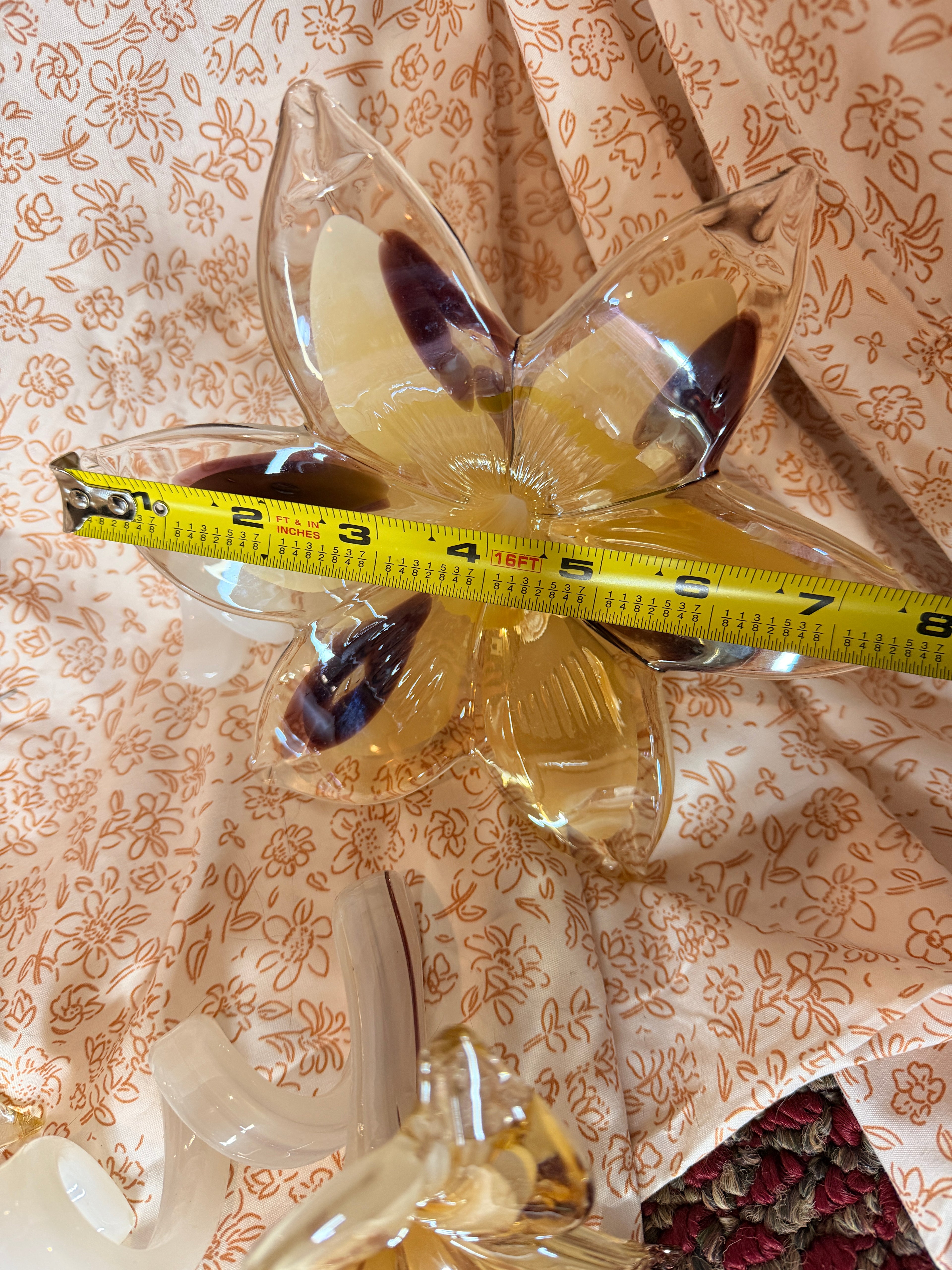 Vintage Hand Blown Art Glass Flower Sculptures Set of 3 White Ribbon Stem Amber & Cranberry Floral Art