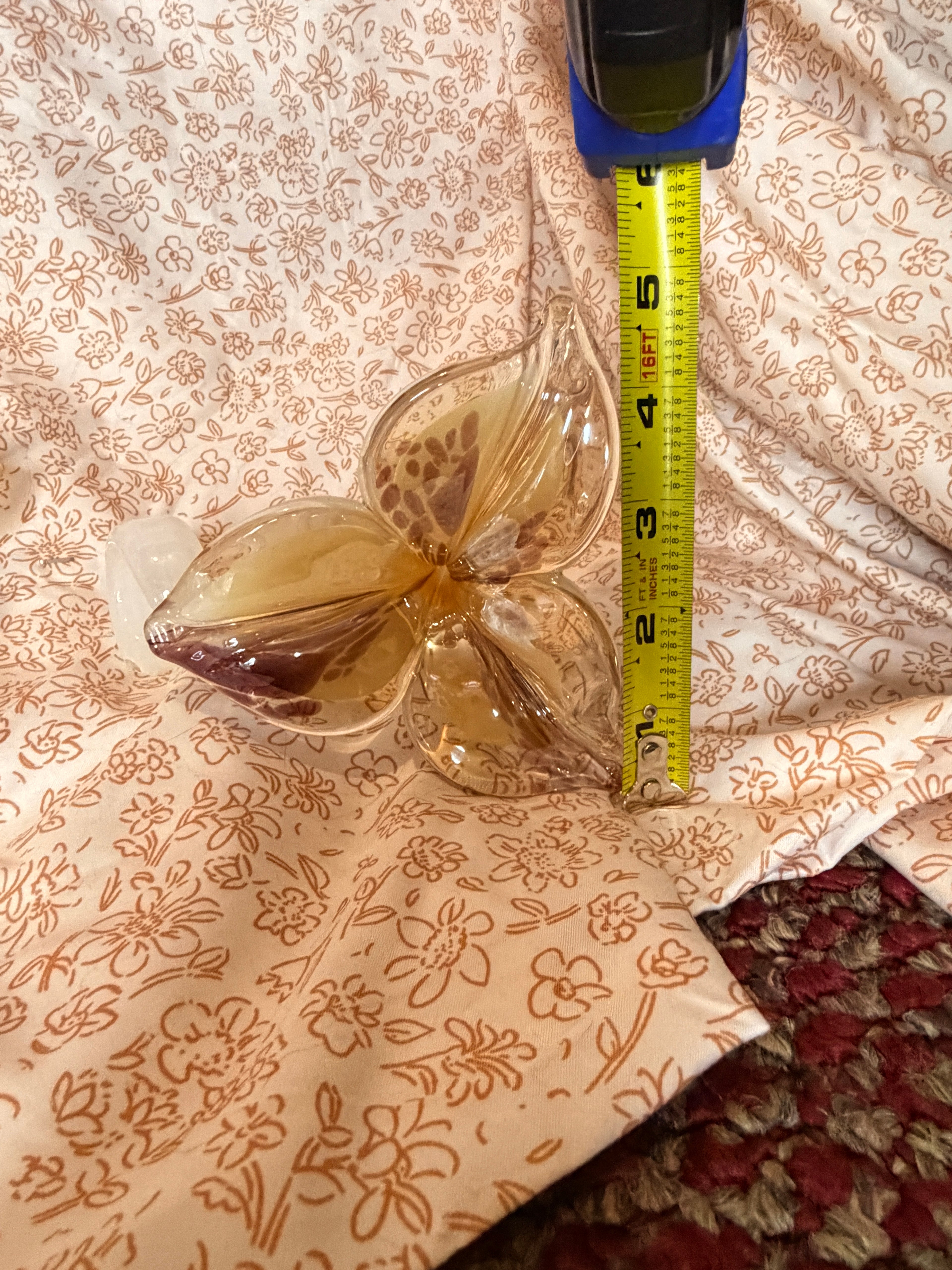 Vintage Hand Blown Art Glass Flower Sculptures Set of 3 White Ribbon Stem Amber & Cranberry Floral Art