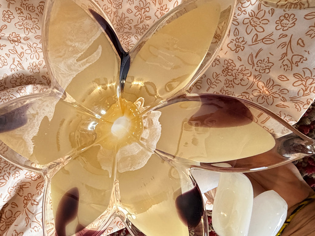 Vintage Hand Blown Art Glass Flower Sculptures Set of 3 White Ribbon Stem Amber & Cranberry Floral Art