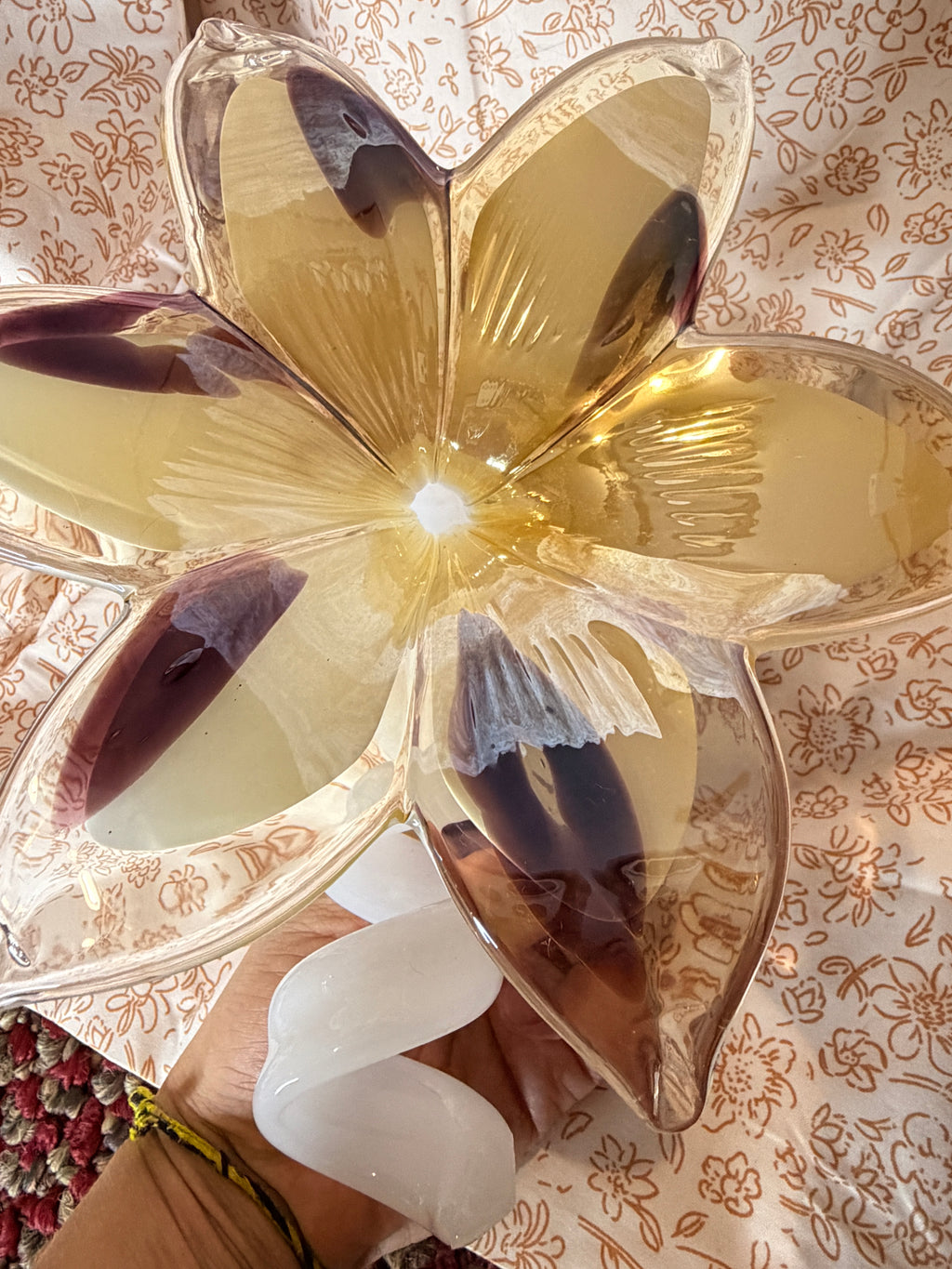 Vintage Hand Blown Art Glass Flower Sculptures Set of 3 White Ribbon Stem Amber & Cranberry Floral Art