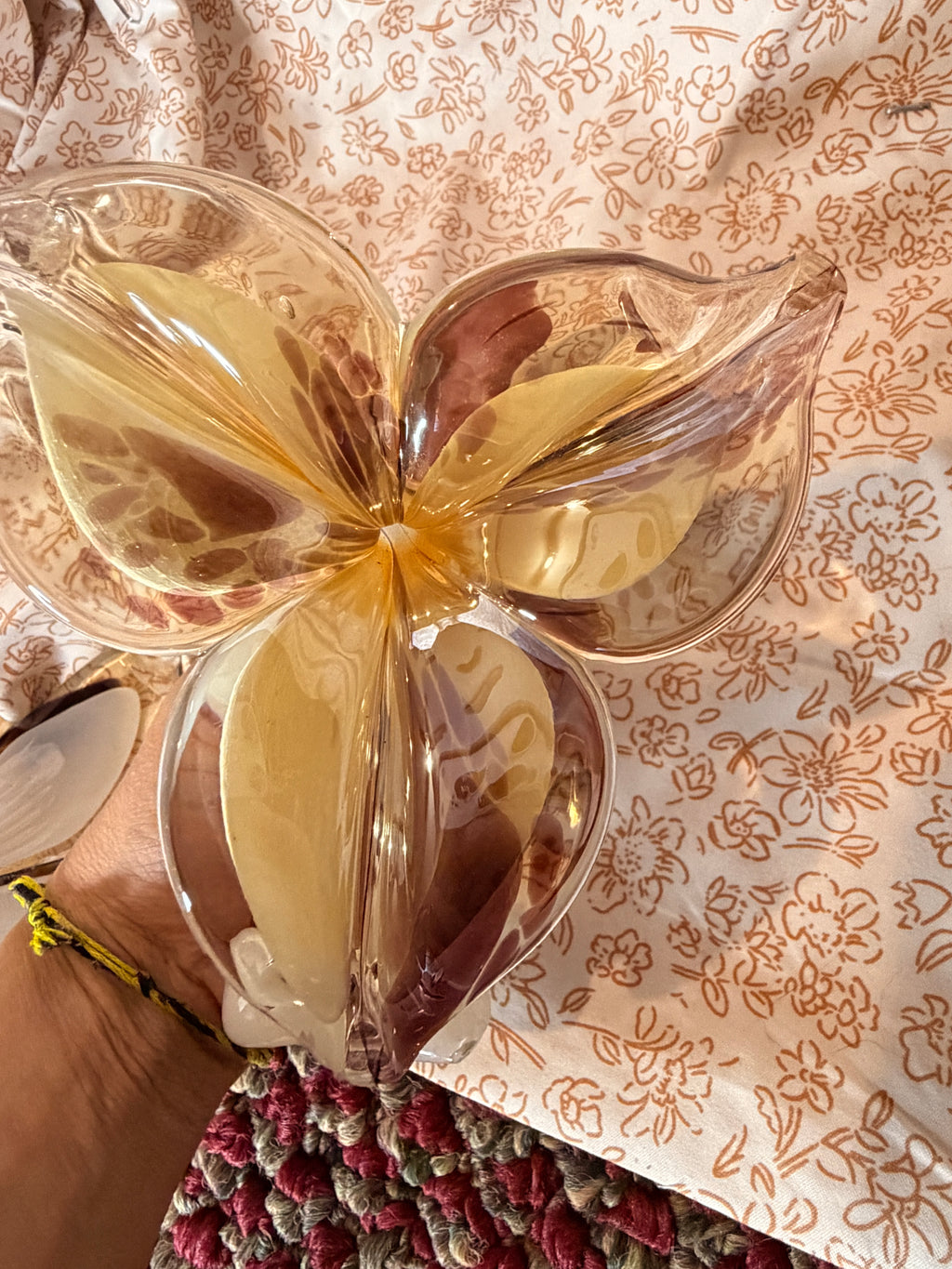 Vintage Hand Blown Art Glass Flower Sculptures Set of 3 White Ribbon Stem Amber & Cranberry Floral Art