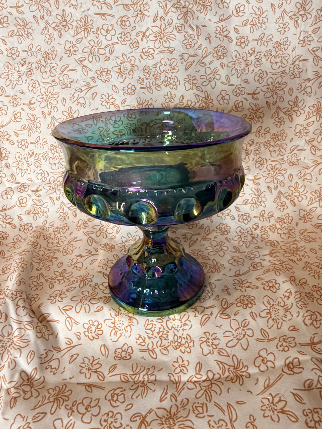 Vintage Blue Carnival Glass Footed Compote Bowl Iridescent Coin Dot Pedestal Serving Dish