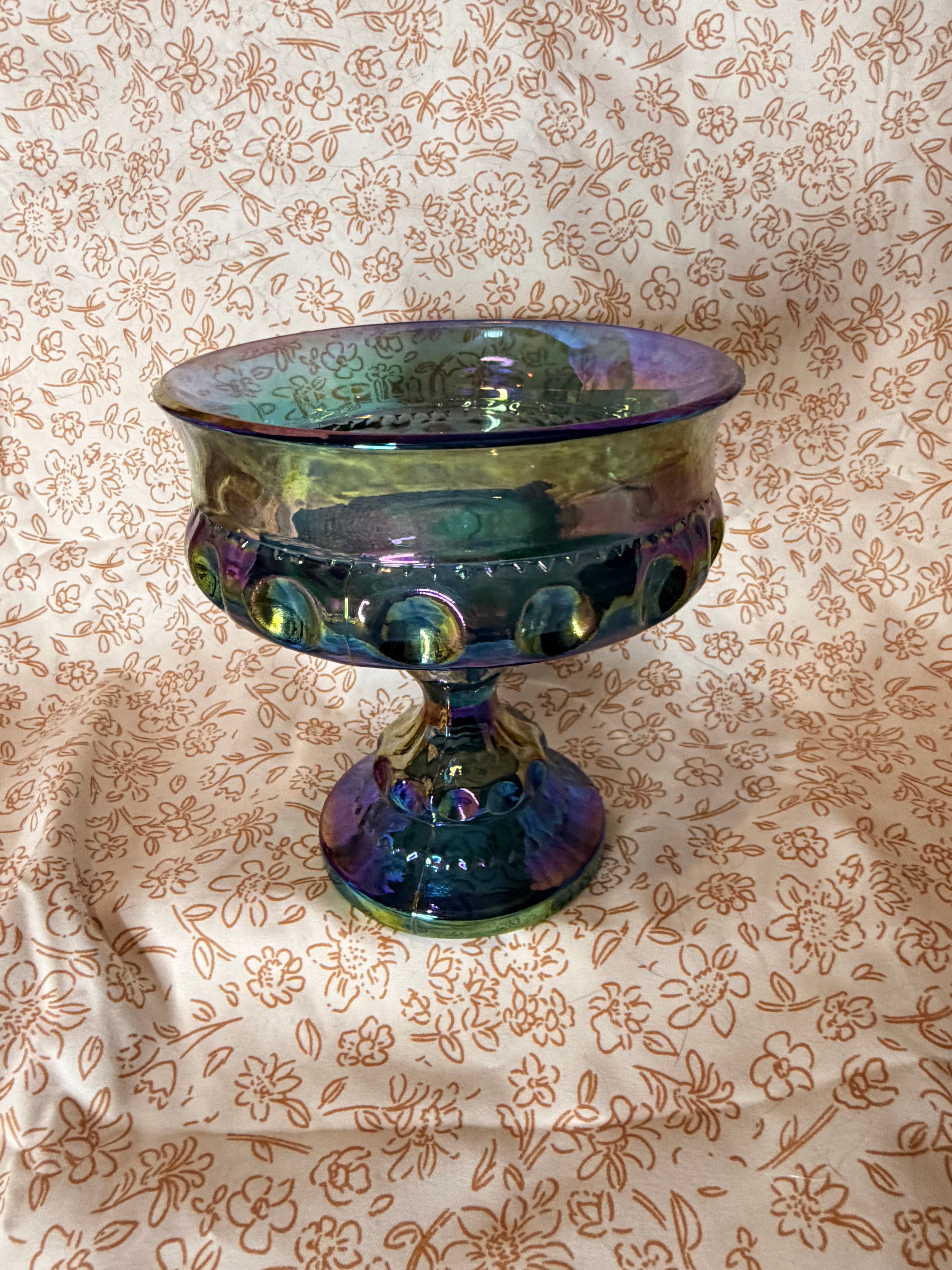 Vintage Blue Carnival Glass Footed Compote Bowl Iridescent Coin Dot Pedestal Serving Dish