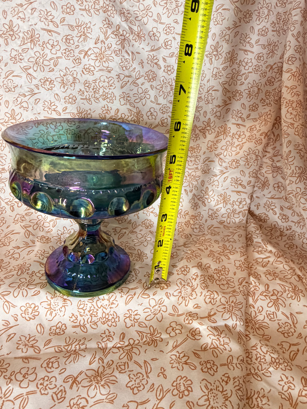 Vintage Blue Carnival Glass Footed Compote Bowl Iridescent Coin Dot Pedestal Serving Dish