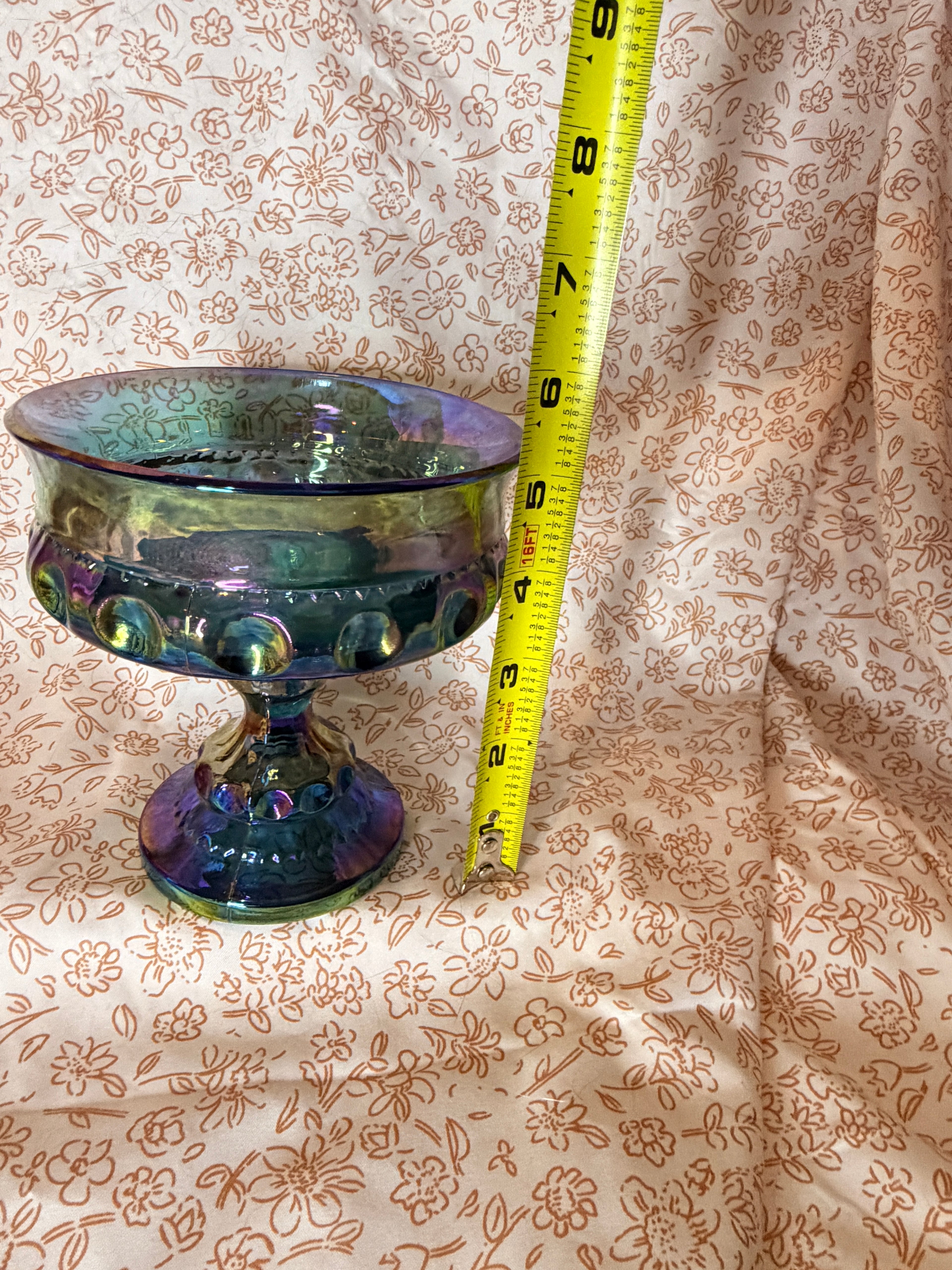 Vintage Blue Carnival Glass Footed Compote Bowl Iridescent Coin Dot Pedestal Serving Dish