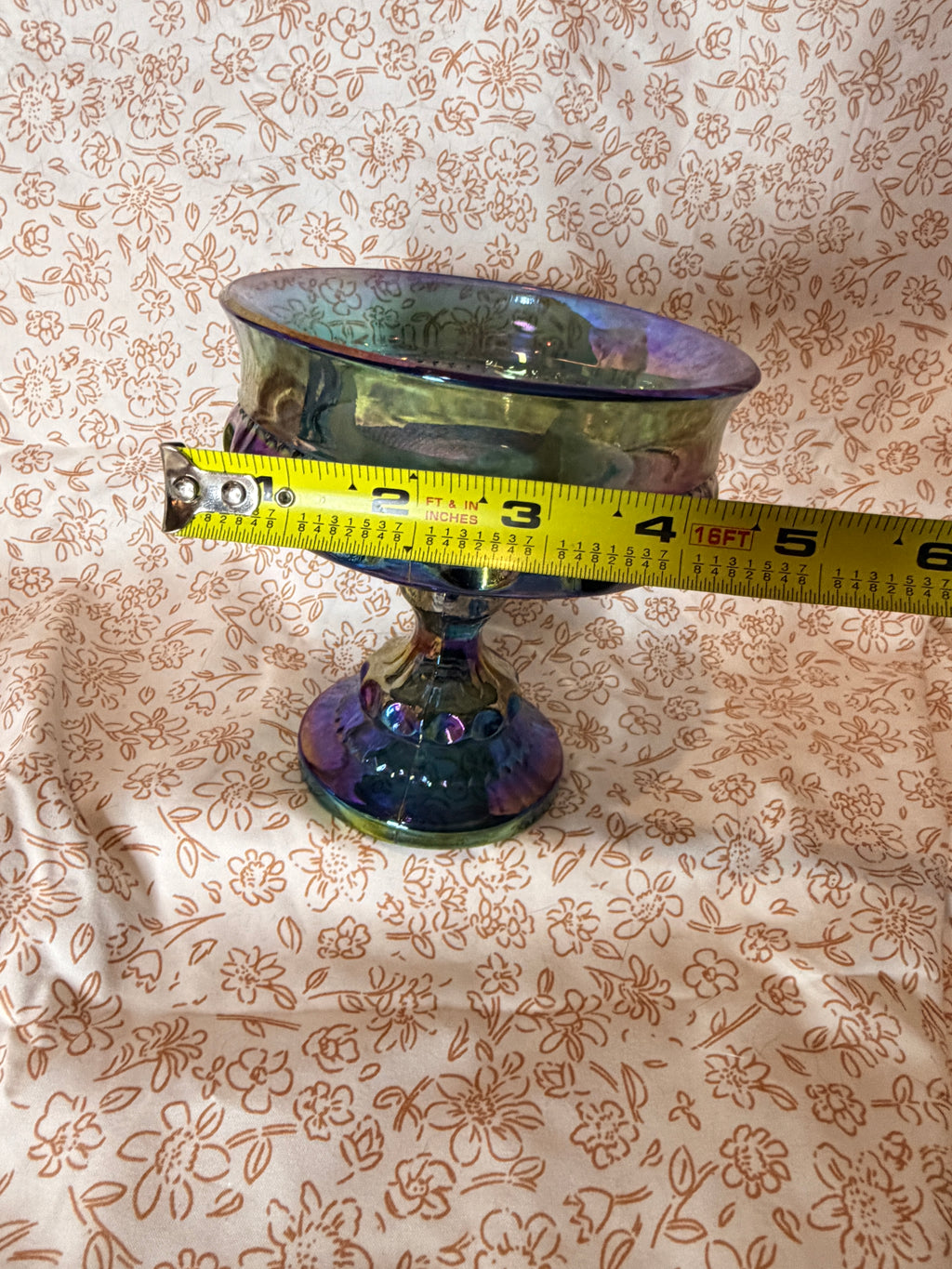 Vintage Blue Carnival Glass Footed Compote Bowl Iridescent Coin Dot Pedestal Serving Dish