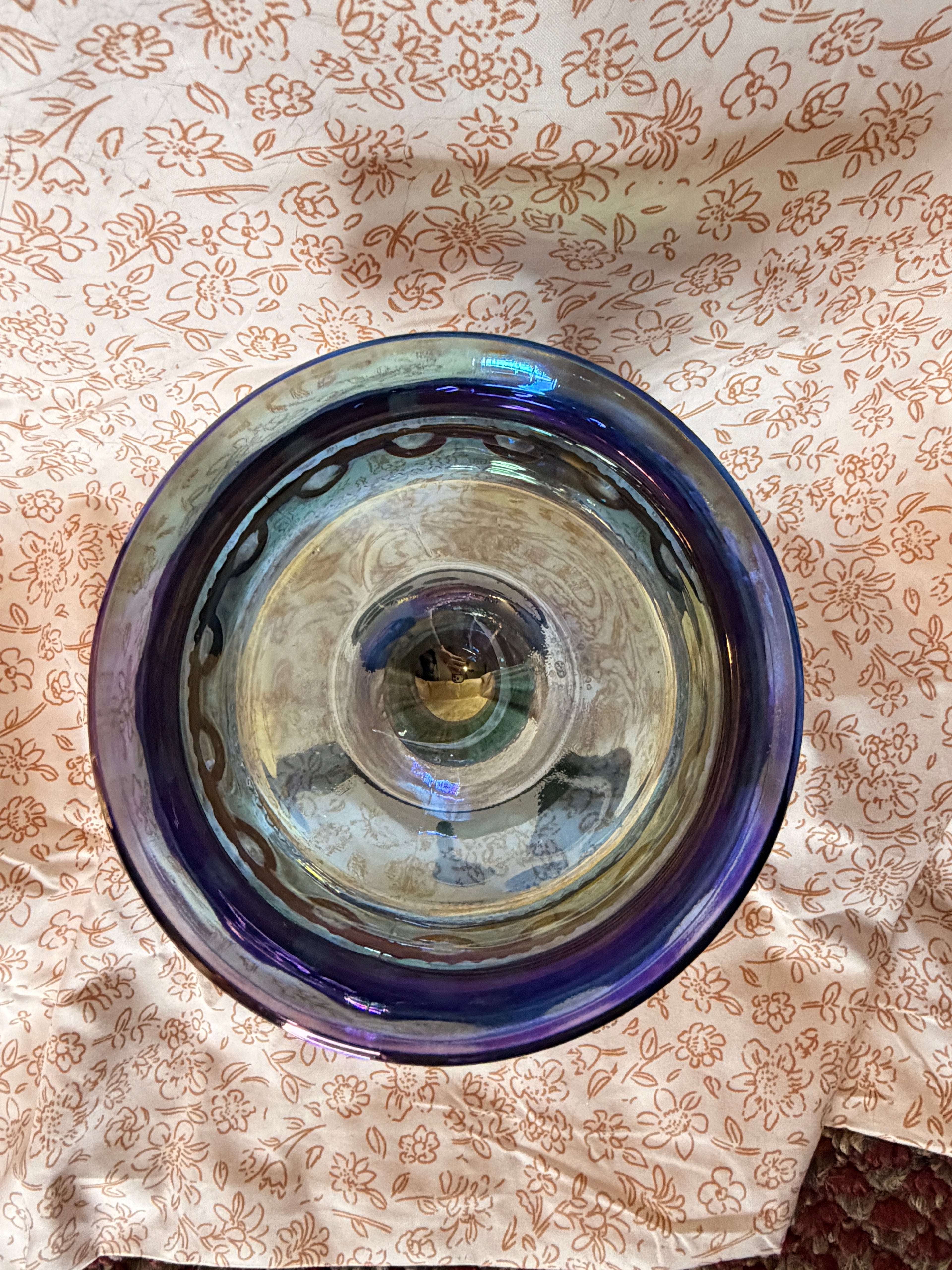 Vintage Blue Carnival Glass Footed Compote Bowl Iridescent Coin Dot Pedestal Serving Dish