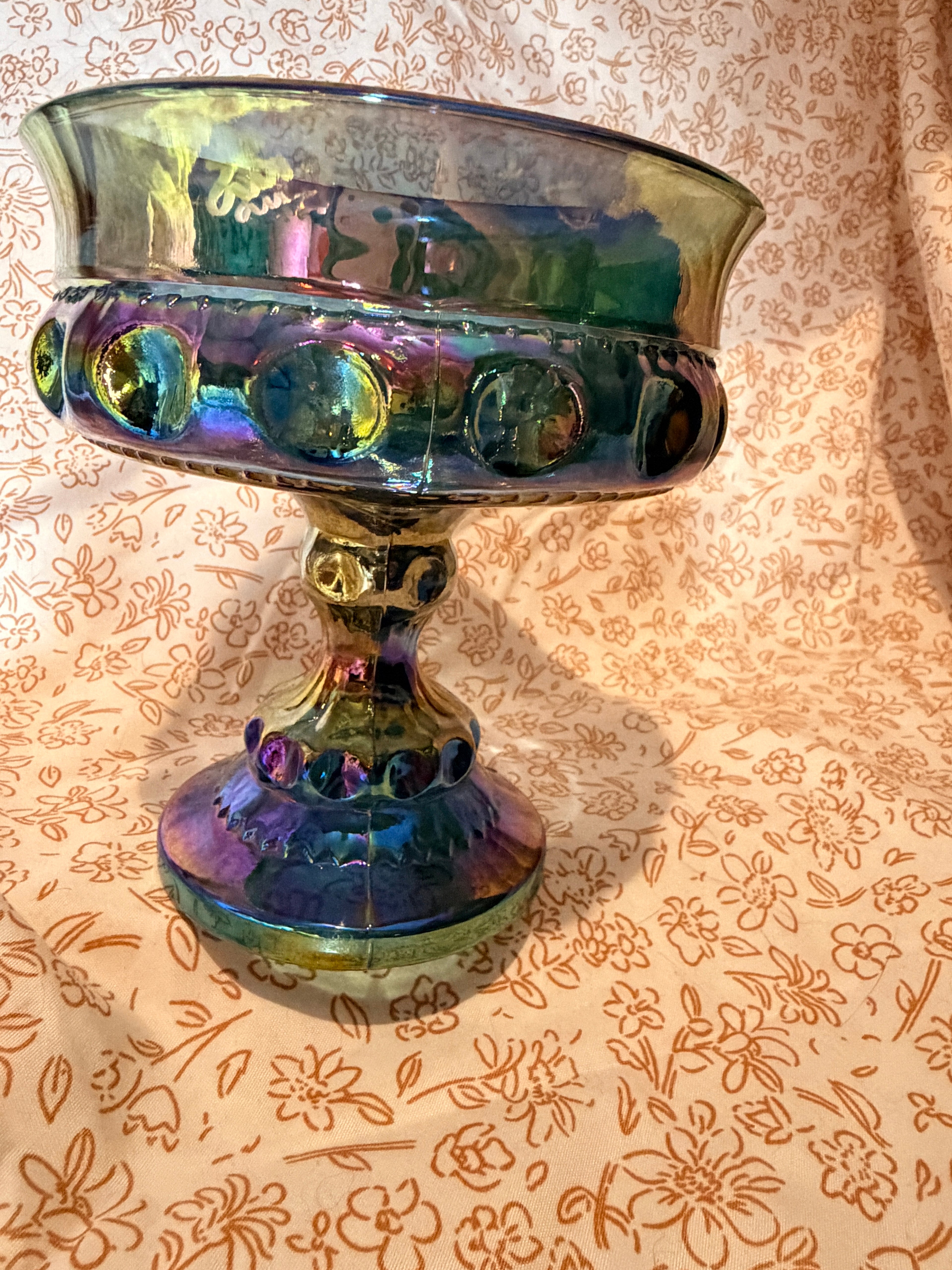 Vintage Blue Carnival Glass Footed Compote Bowl Iridescent Coin Dot Pedestal Serving Dish
