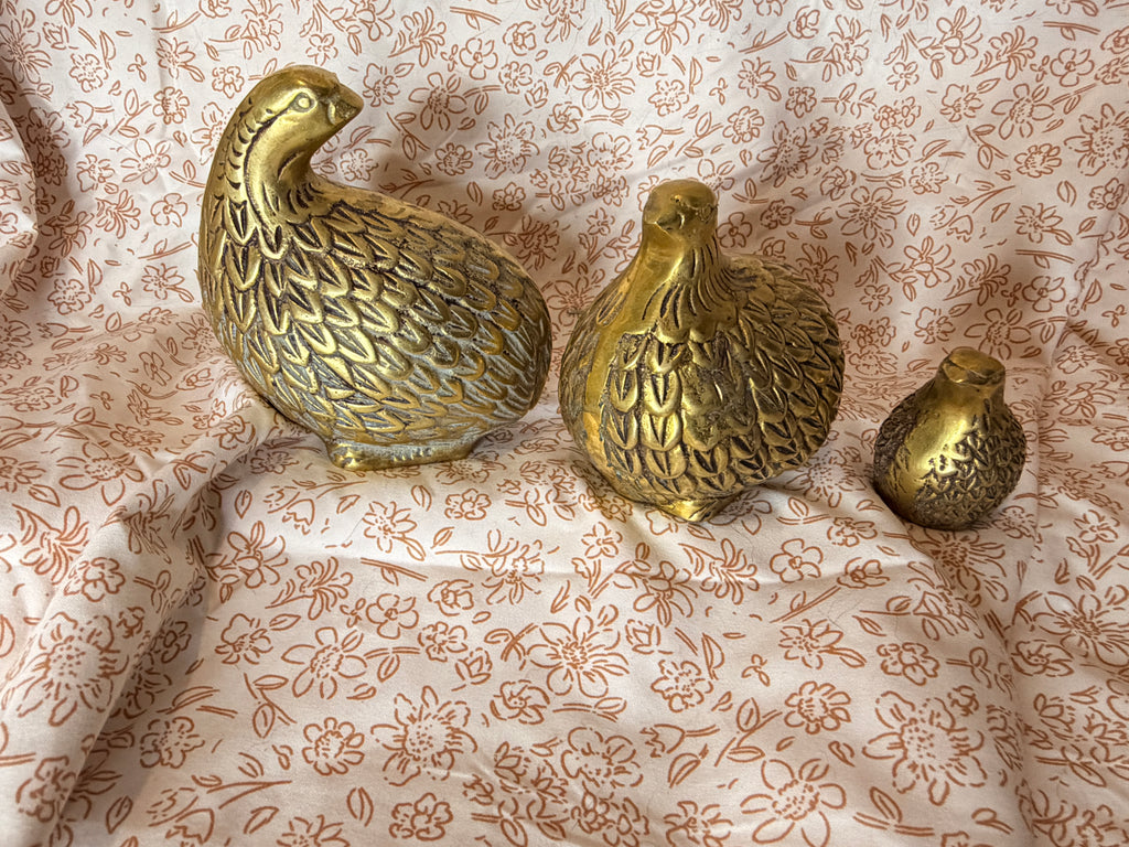 Vintage Solid Brass Quail Figurines Set of 3 Mid Century Modern Bird Family