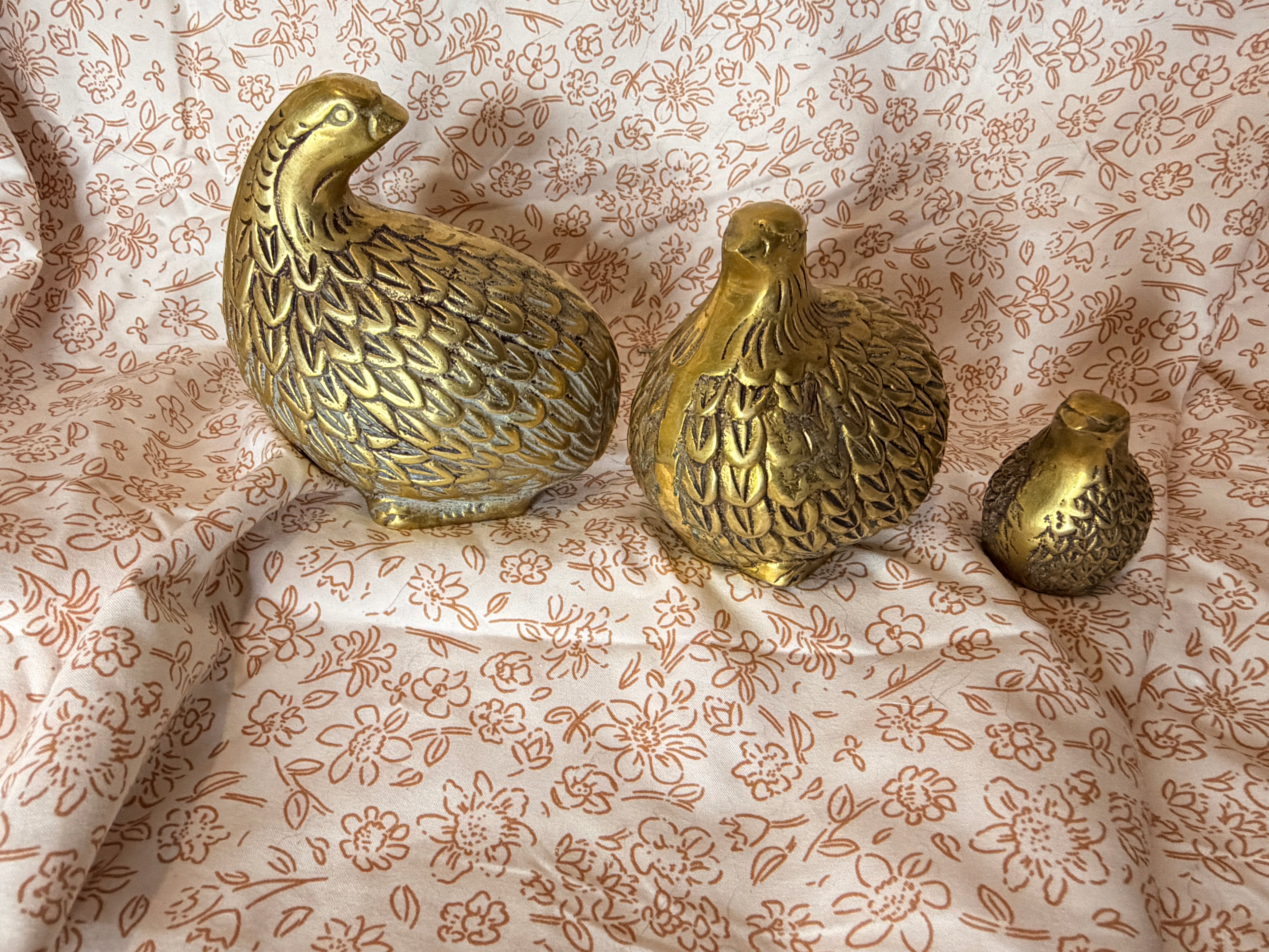 Vintage Solid Brass Quail Figurines Set of 3 Mid Century Modern Bird Family